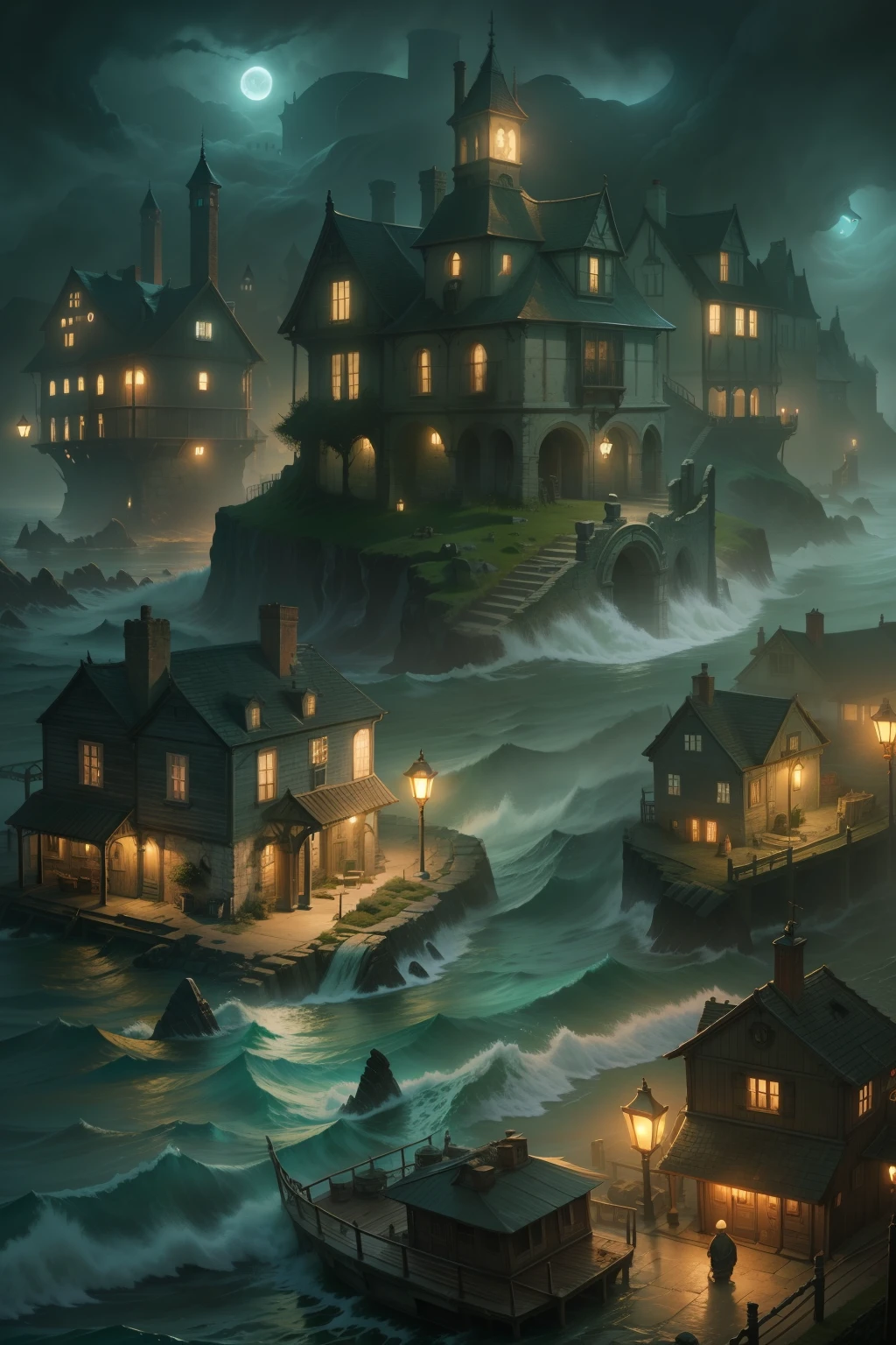 "Eldritch Horror": A coastal town under the moonlight, shrouded in mist and surrounded by turbulent tides, reveals ancient ruins and unnameable creatures emerging from the depths.