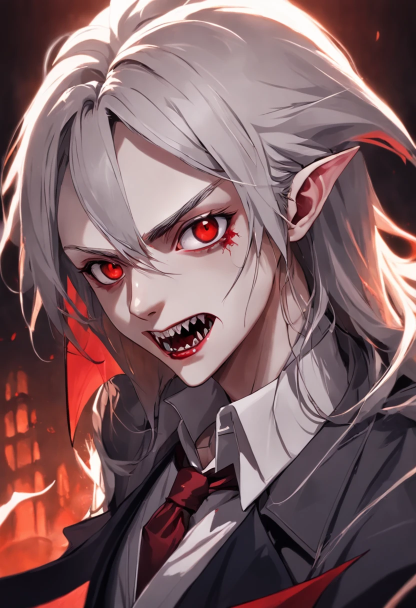 Handsome vampire teenager,closeup cleavage,head portrait,Open your mouth,the bats,long canine teeth,There is blood on the teeth,long whitr hair,(blood stains at the corners of the mouth:1.4),Blood,oil painted,depth of fields,dynamic blur,high light,Real light,Ray traching,oc rendered,Hyper-realistic,best qualtiy,8K,Works of masters,super-fine,Detailed pubic hair,Correct anatomy,sharp focus on eyes,Bokeh,Facial features are carefully depicted