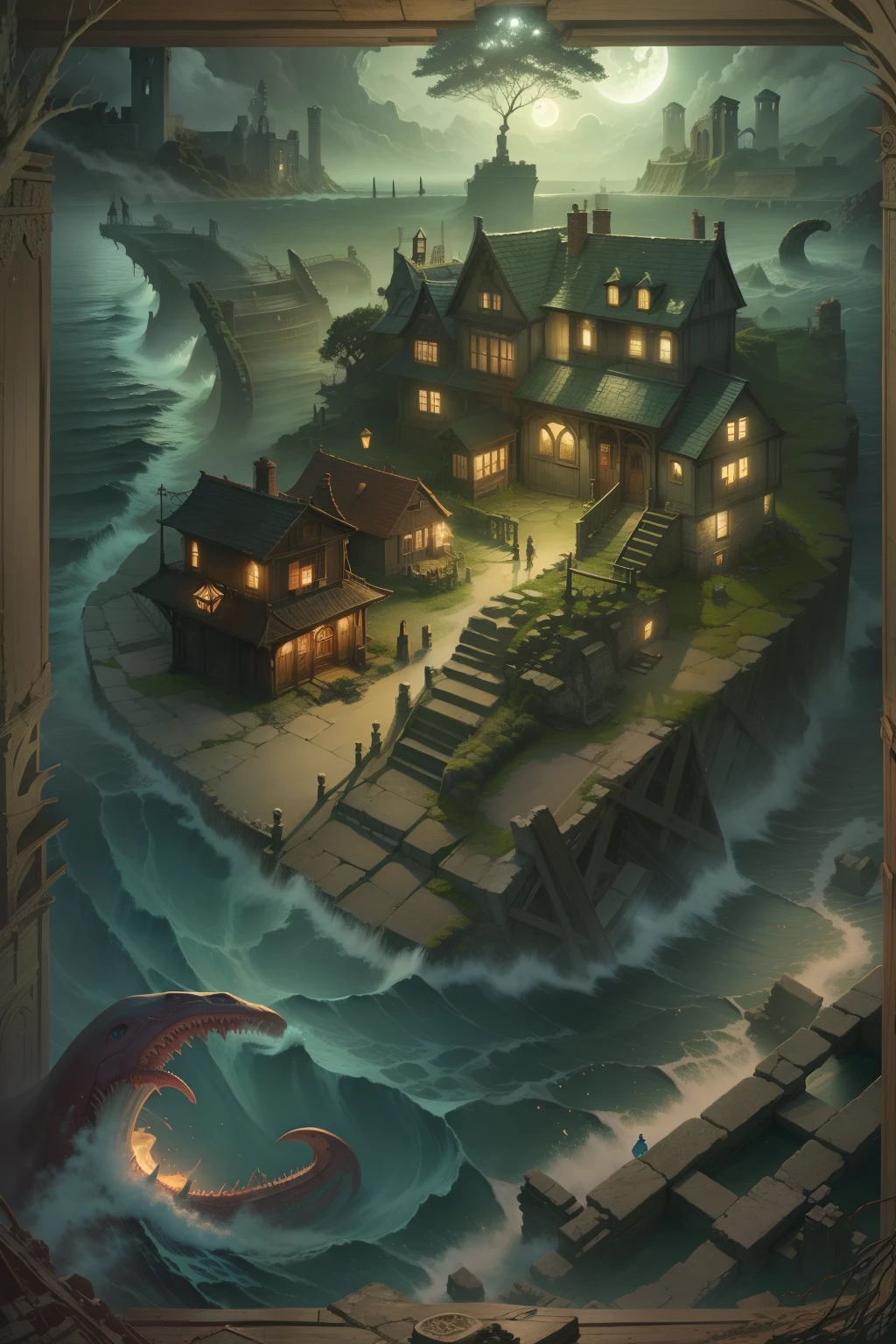"Eldritch Horror": A coastal town under the moonlight, shrouded in mist and surrounded by turbulent tides, reveals ancient ruins and unnameable creatures emerging from the depths.