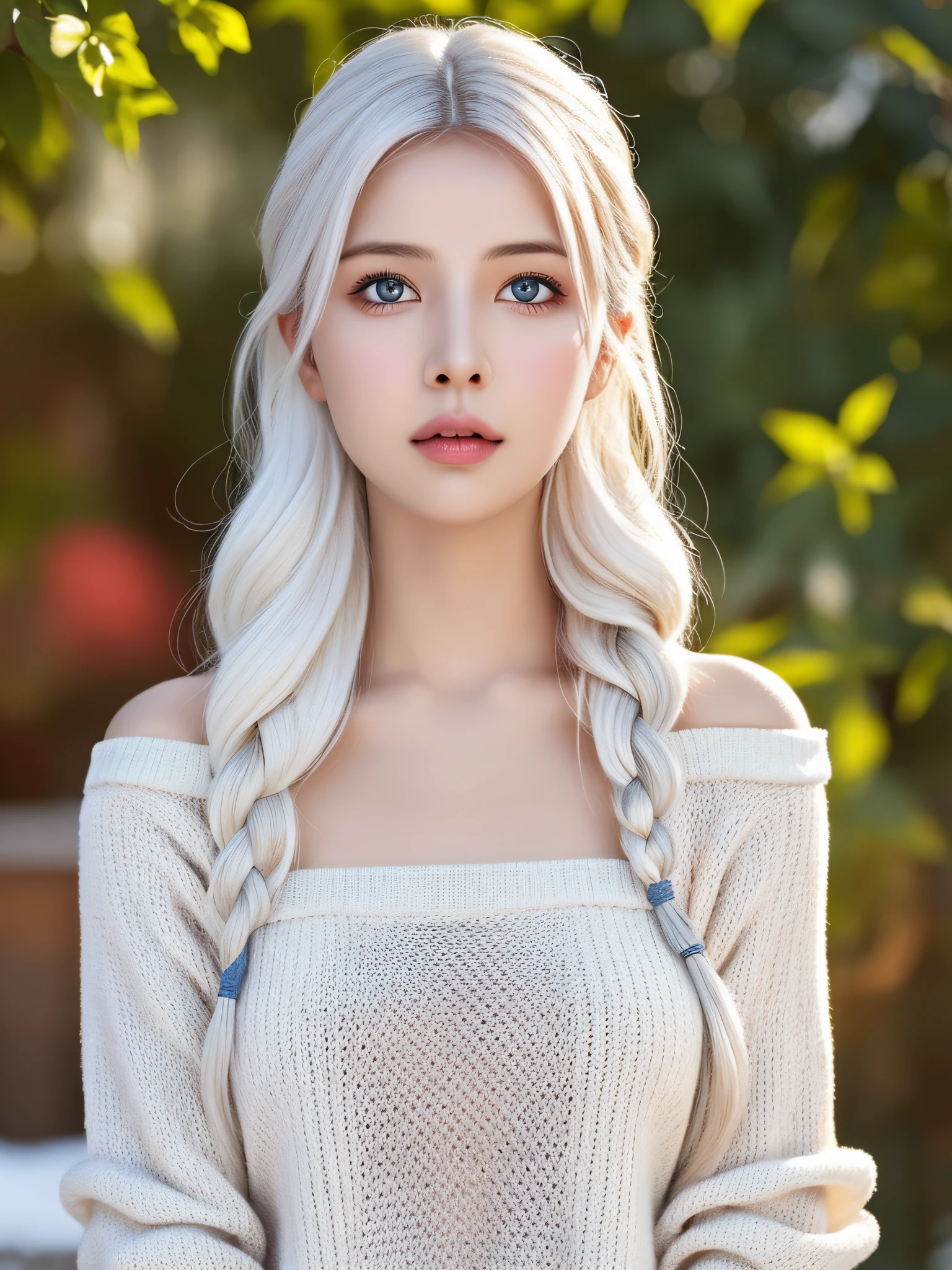 (hyperrealistic), (illustration), (high resolution), (8K), (extremely detailed), (best illustration), (beautiful detailed eyes), (best quality), (ultra-detailed), (masterpiece), (wallpaper), (photorealistic), (natural light), (rim lighting), (detailed face), high detailed realistic skin texture, anatomically correct, solo, 1 girl, (high detailed realistic long hair), (white hair:1.35), (two braided hair), heterochromic eyes, (detailed blue eyes), small moles under the eyes, (realistic big breasts:1.6), long legs, tight abs, dynamic pose, (closed mouth:1.3), (red knit sweaters), bare shoulders, (upon body from head to thighs:1.3), (Beautiful Cute Pakistani Woman:1.55), standing, outdoor, snowing, winter,