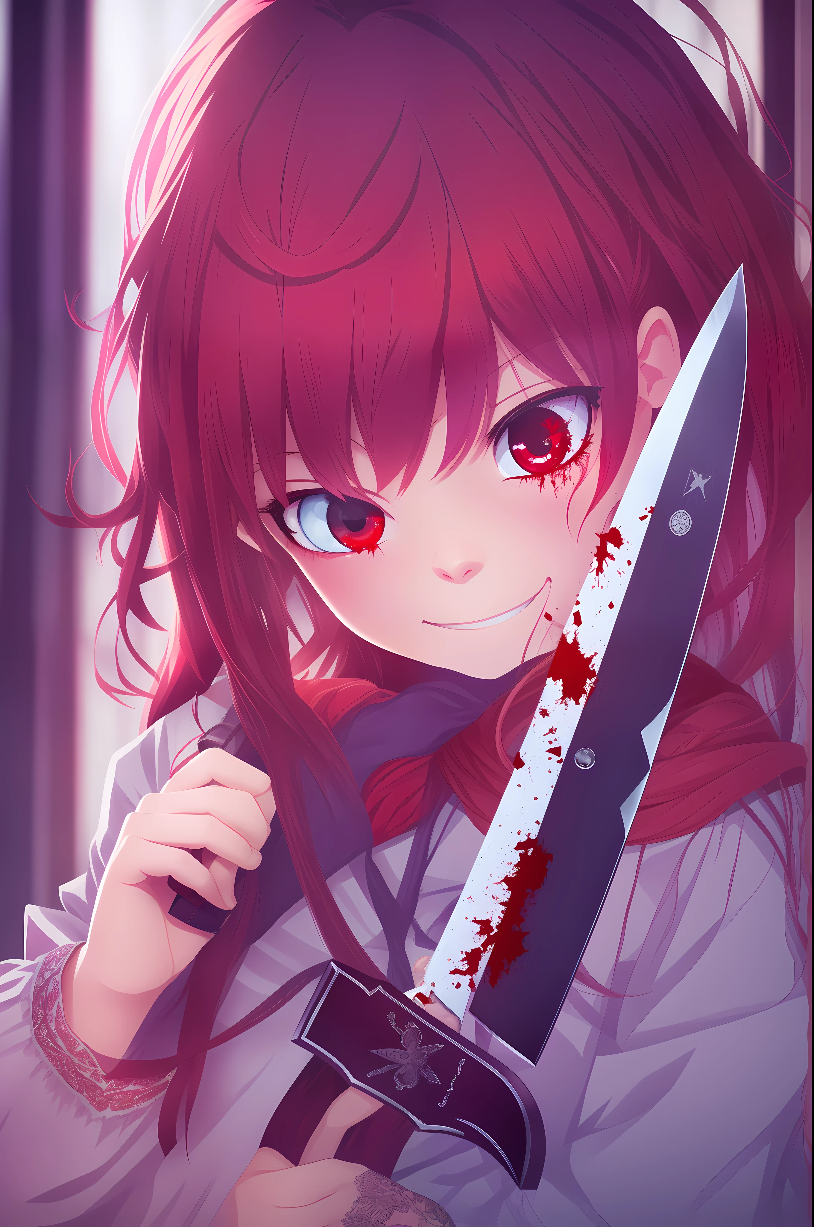 Unpleasant smile of a girl who loves knives in a school classroom、Niccoli holding a survival knife in one hand、Psychopath horror、Red-haired、Eye color is blue