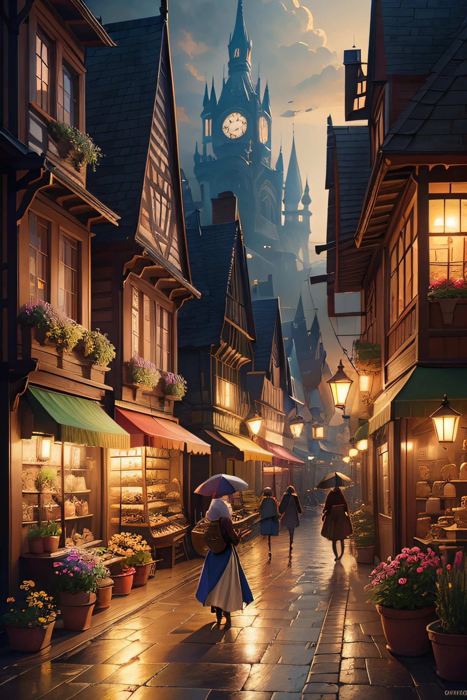 painting of a street with a flower shop and a person walking down it, a bustling magical town, beautiful render of a fairytale, fantasy matte painting,cute, fantasy town setting, fantasy city background, medeival fantasy town, fantasy tavern background, matte painting in fantasy style, medieval fantasy landscape, fantasy digital painting, detailed matte fantasy painting, beautiful digital painting