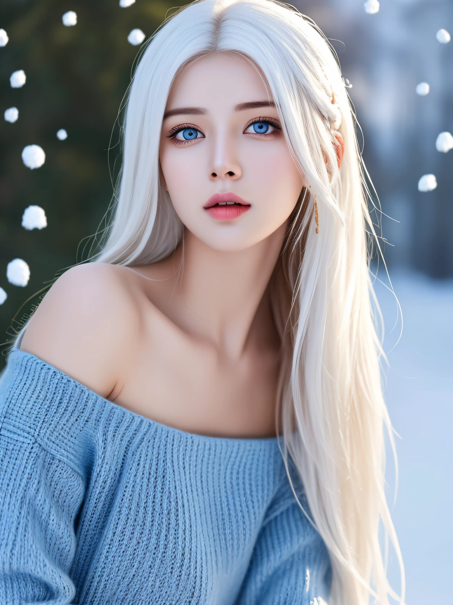 Platinum blonde girl, Beautiful and perfect face, ultra face details, smiling at camera, skin very white, NSFW, erotic, big round breasts, barefoot, ((Best Quality)), ((Masterpiece)), (detailed), walking in a very snowy forest, flakes of nine in the whole agency, snowing.
