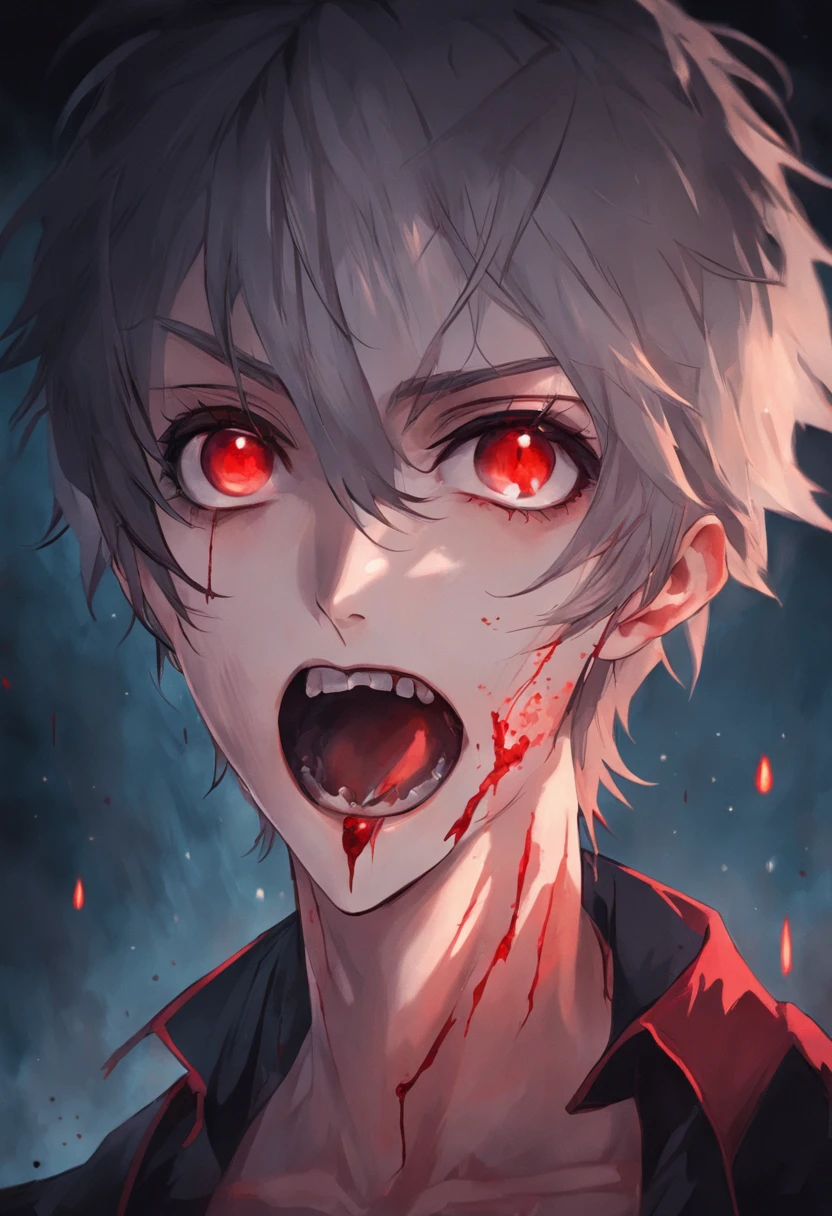 Handsome vampire teenager，closeup cleavage，head portrait，Open your mouth，the bats，long canine teeth，There is blood on the teeth，long whitr hair，（There is blood at the corner of the mouth：1.4），Blood，depth of fields，dynamic blur，high light，Real light，Ray traching，oc rendered，Hyper-realistic，best qualtiy，8K，Works of masters，super-fine，Detailed pubic hair，Correct anatomy，sharp focus on eyes，Bokeh，Facial features are carefully depicted