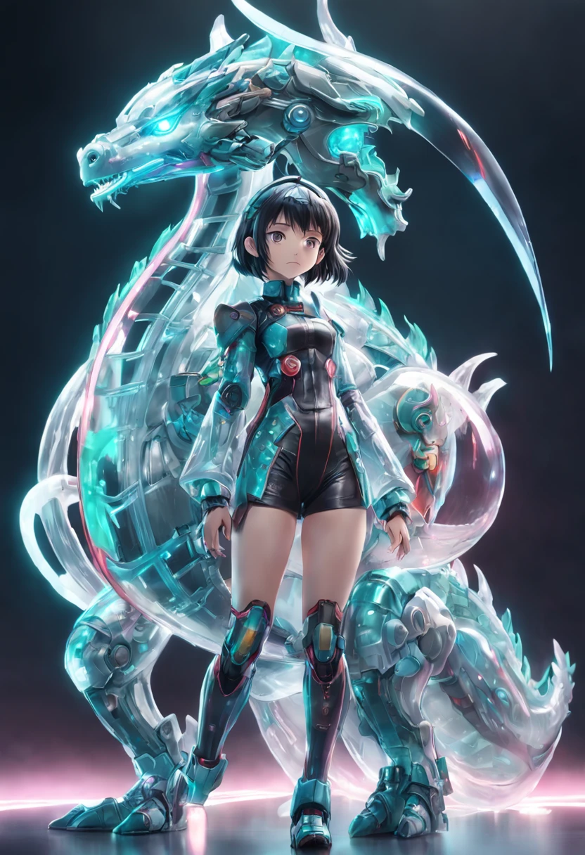 chinesedragon, (Blind box toy style:1.2), (Full body shot) , 1 Transparent girl,Behind him is a transparent Chinese dragon, Transparent mech, Exquisite helmet:1.2, Luminous goggles:1.2, Cyberpunk, dreamy glow, luminous neon lights, Clean, White background, ( Global illumination, Ray traching, hdr, unreal render,reasonable design, high detal, Masterpiece, Best quality, hyper HD, Cinematic lighting)