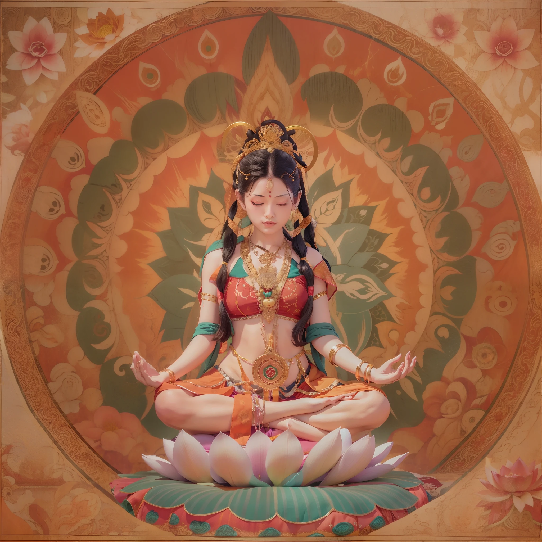 Tantric beauties do yoga lotus sitting meditation during sacrificial ceremonies