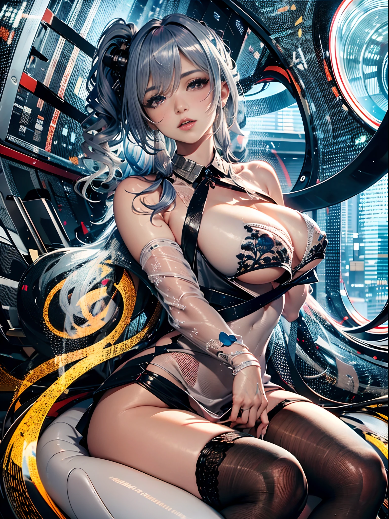 （Enrich the picture，Masterpiece level quality）Beautiful 8K CG artwork，Goddess-like posture，Sitting in the cabin of an airplane，Postural exercises，Slim and soft，Translucent skin，Silver hair、The beauty of extra-long hair, Super Long Straight Hair，The skin is fair and juicy，Big breasts lingerie miniskirt uniform，Perspective Part 1.2x enhanced silhouette effect，Exquisite transparent blues pattern in pajamas，The details are intricate and exquisite，The background is slightly blurred，Charming and lustful leg seduction，Drool，K cup big breasts，Blush，Japan goddess，Perfect body slim curves，Cabin scene，Lace panties can be seen，spread their legs，