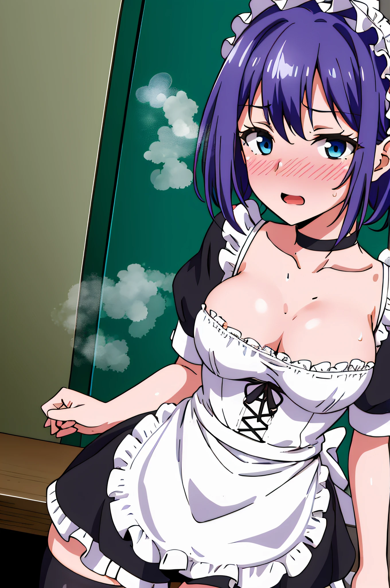 masterpiece, best quality, high resolution, extremely detailed, detailed background, cinematic lighting, dynamic angle, hoshizuki kaede, 1girl, purple hair, solo, breasts, looking at viewer, short hair, open mouth, blue eyes, cleavage, medium breasts, short sleeves, frills, choker, puffy sleeves, black thighhighs, puffy short sleeves, zettai ryouiki, wrist cuffs, maid, maid headdress, white apron, maid apron,  sweat, blush, embarrassed , heavy breathing , steaming body, aroused, nsfw