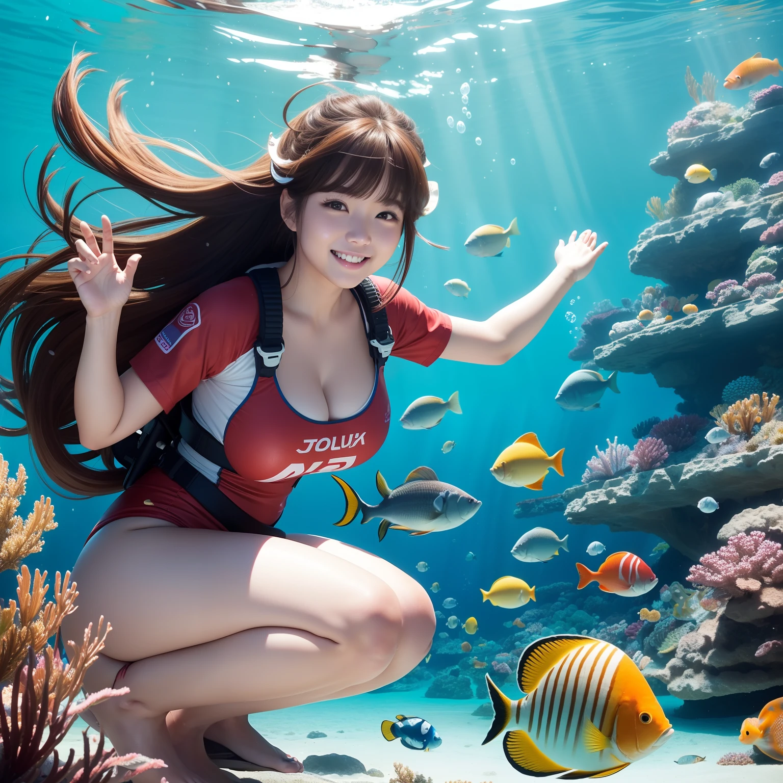 One Woman、japanes、long-haired、Brown hair、age 30s、Under clear sea water、Squatting cowgirl、With smiling eyes、Her face turned red、Colossal tits、Big ass、Plus Size、、full body seen、Wear diving clothes、Lots of small tropical fish、Landscape from the water
