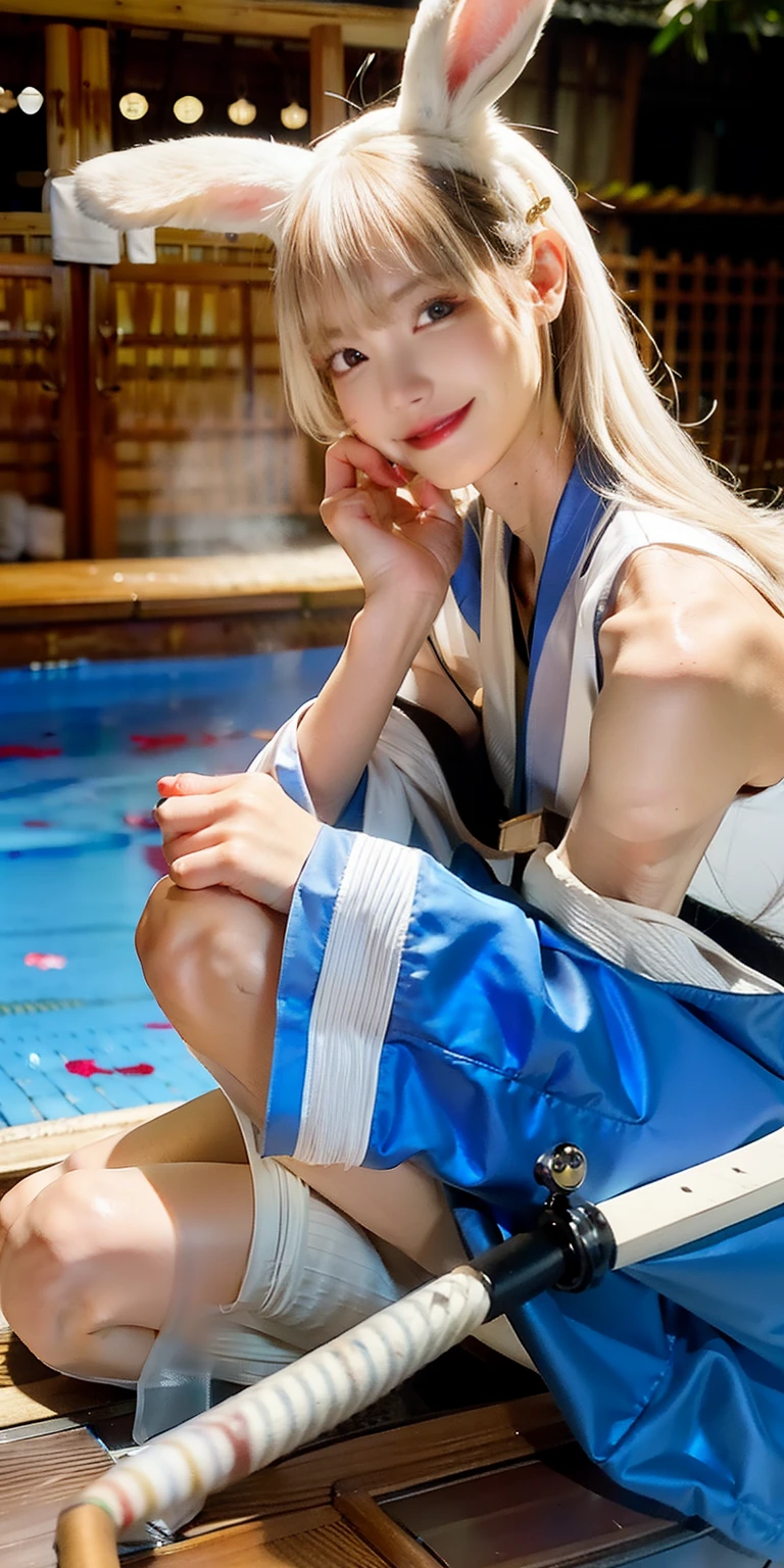 (8K, 4k, Best Quality, hight resolution:1.2), (maasterpiece, Realistic, photorealestic:1.37), 1girl, 独奏, beatiful face, Lashes, nose, glossy lips, (A detailed eye, looking a viewer, light skin, White Skin Skin:1.5), fine complexion, upper-body,
large breasts, Busty, , (:1.5),
outdoor onsen,
two side up, absurdly long hair, blonde hair, white colored hair, Bangs. Albino rabbit, Rabbit Warrior, Katana Sword in the Back