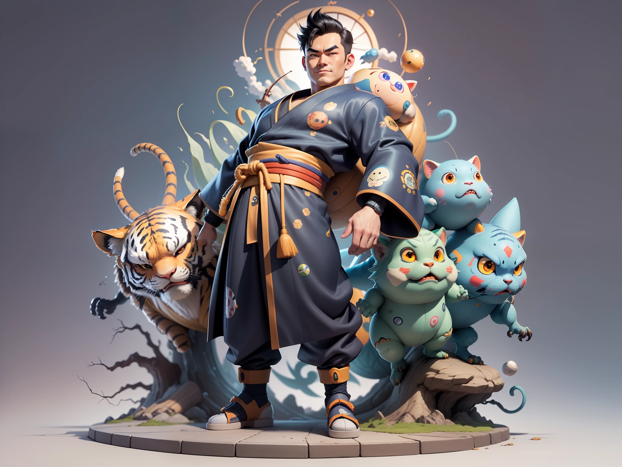 (Masterpiece), (Excellent), (Super Meticulous), (Full Body: 1.2), Super Young Man, Oriental Face, Japanese Kimono, Japanese Wind Thunder God, Dragon, Tiger, TV Anchor, Bust Portrait Illustration, Alone, Black Suit, Blue Tie, Slightly Chubby Face, Very Clean Face, No Beard, Black Super Short Hair, Black Eyes, Confident Smile, 3c Computer Sub-Products, iPad, iPhone, Digital Painting, 3D Character Design by Akira Toriyama and Mark Claireden and Pixar and Hayao Miyazaki, The illustration is a high-definition illustration in 4K resolution with very detailed facial features and cartoon-style visuals.