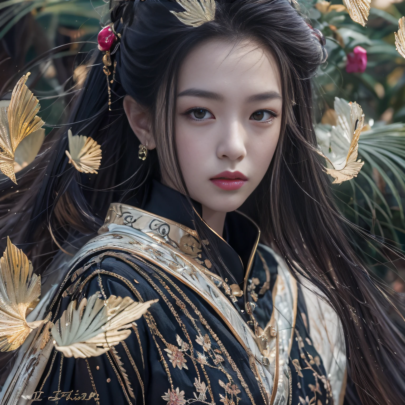 32K（tmasterpiece，k hd，hyper HD，32K）Long flowing black hair，ponds，zydink， a color，  Asian people （Silly girl）， （Silk scarf）， Combat posture， looking at the ground， long whitr hair， Floating hair， Carp pattern headdress， Chinese bright purple long-sleeved outfit， （abstract ink splash：1.2），Yellow ginkgo biloba background，Pink and white lotus flowers fly（realisticlying：1.4），Black color hair，Fallen leaves flutter，The background is pure， A high resolution， the detail， RAW photogr， Sharp Re， Nikon D850 Film Stock Photo by Jefferies Lee 4 Kodak Portra 400 Camera F1.6 shots, Rich colors, ultra-realistic vivid textures, Dramatic lighting, Unreal Engine Art Station Trend, cinestir 800，Long flowing black hair