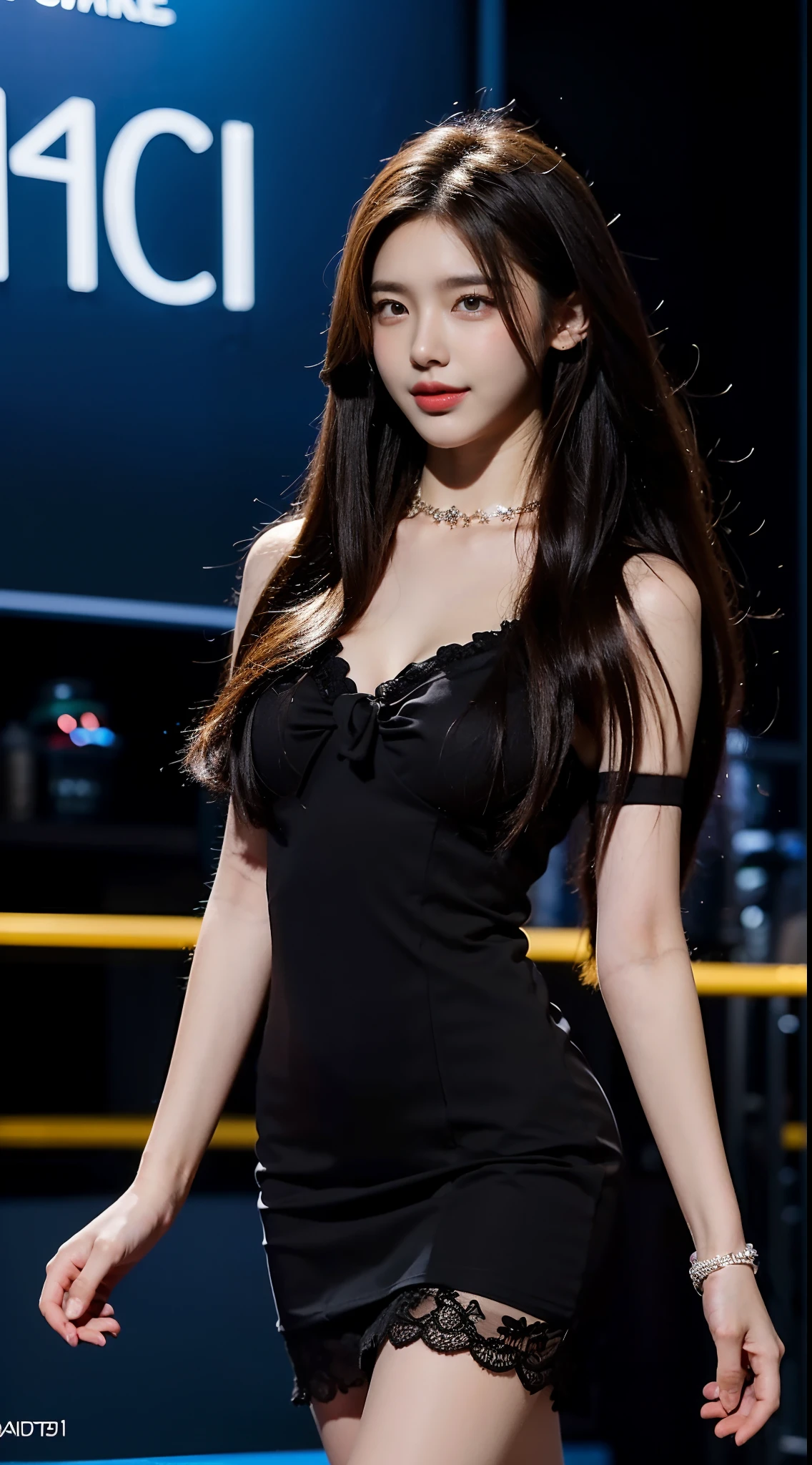 Tzuyu 1, woman, (Realistic), (Hyperrealism), (photoRealistic), Written boundary depth, eye make up:0.7 (whole body:1.8), (Large Bust),(Tight waist), Observe the audience,