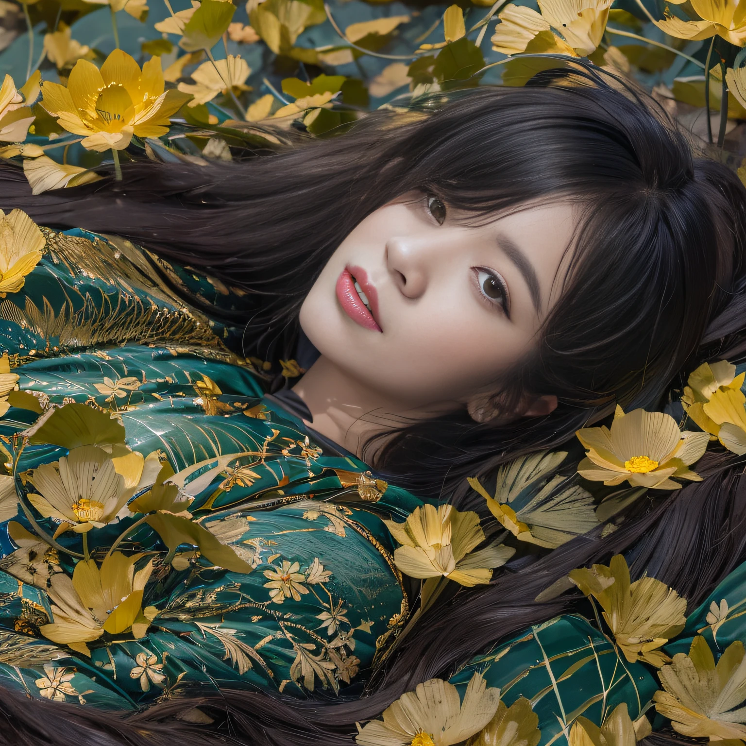 32K(tmasterpiece,k hd,hyper HD,32K)Long flowing black hair,ponds,zydink, a color, Asian people (Silly girl), (Silk scarf), Combat posture, looking at the ground, long whitr hair, Floating hair, Carp pattern headdress, Chinese bright purple long-sleeved outfit, (abstract ink splash:1.2),Yellow ginkgo biloba background,Pink and white lotus flowers fly(realisticlying:1.4),Black color hair,Fallen leaves flutter,The background is pure, A high resolution, the detail, RAW photogr, Sharp Re, Nikon D850 Film Stock Photo by Jefferies Lee 4 Kodak Portra 400 Camera F1.6 shots, Rich colors, ultra-realistic vivid textures, Dramatic lighting, Unreal Engine Art Station Trend, cinestir 800,Long flowing black hair