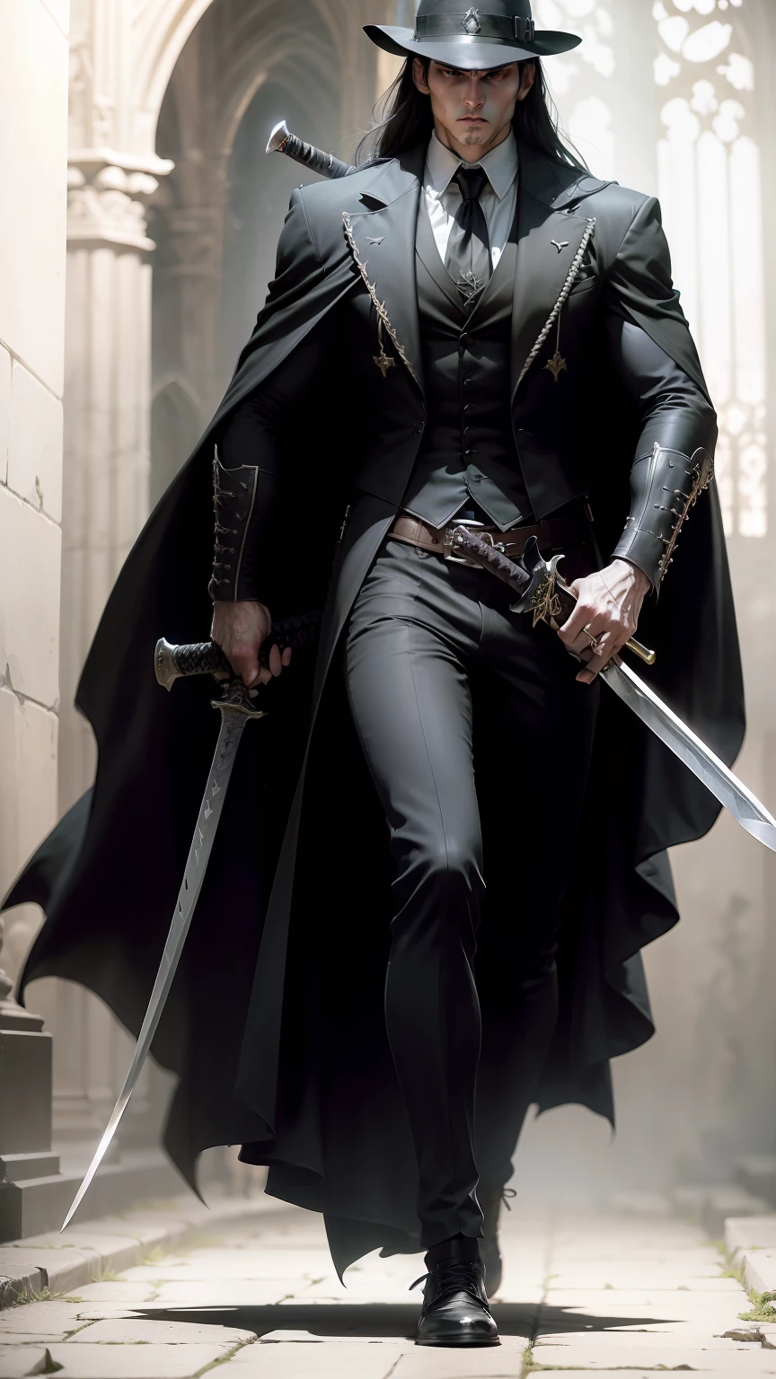 In a hauntingly lit Gothic Cathedral, dynamic combat pose, Gothic style, atmospheric, vampire hunter, in a Gothic Cathedral, ((slim athletic build)), ((hat)) ,((carrying a (full length) long sword, katana)) , handsome face, (dark, moody lighting), ((dynamic combat pose))