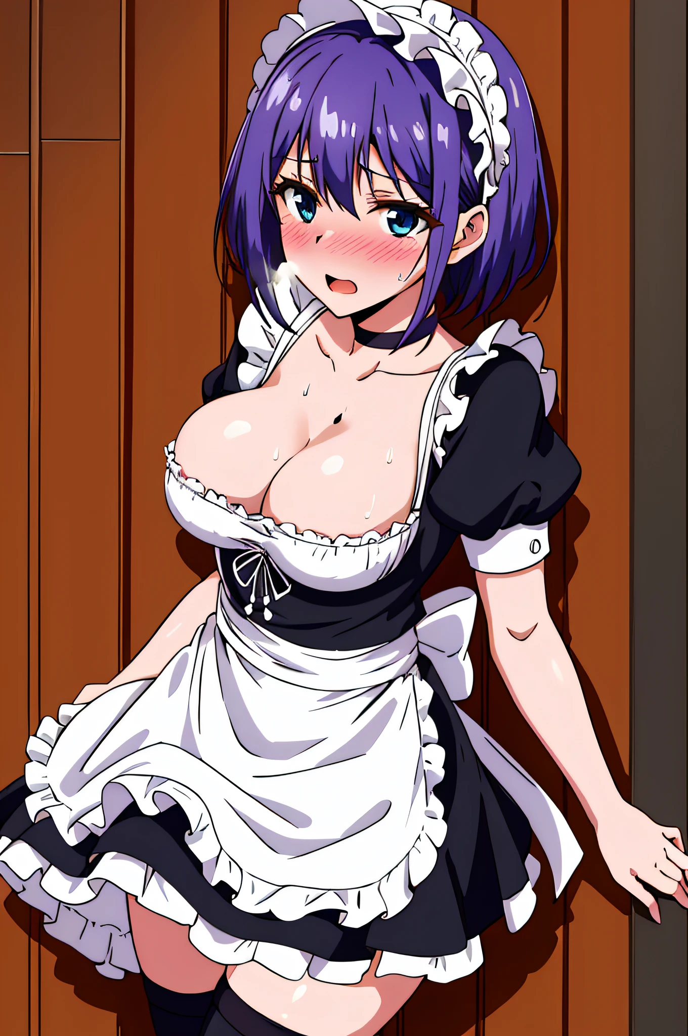 masterpiece, best quality, high resolution, extremely detailed, detailed background, cinematic lighting, dynamic angle, hoshizuki kaede, 1girl, purple hair, solo, breasts, looking at viewer, short hair, open mouth, blue eyes, cleavage, medium breasts, short sleeves, frills, choker, puffy sleeves, black thighhighs, puffy short sleeves, zettai ryouiki, wrist cuffs, maid, maid headdress, white apron, maid apron,  sweat, blush, embarrassed , heavy breathing , steaming body, aroused, nsfw