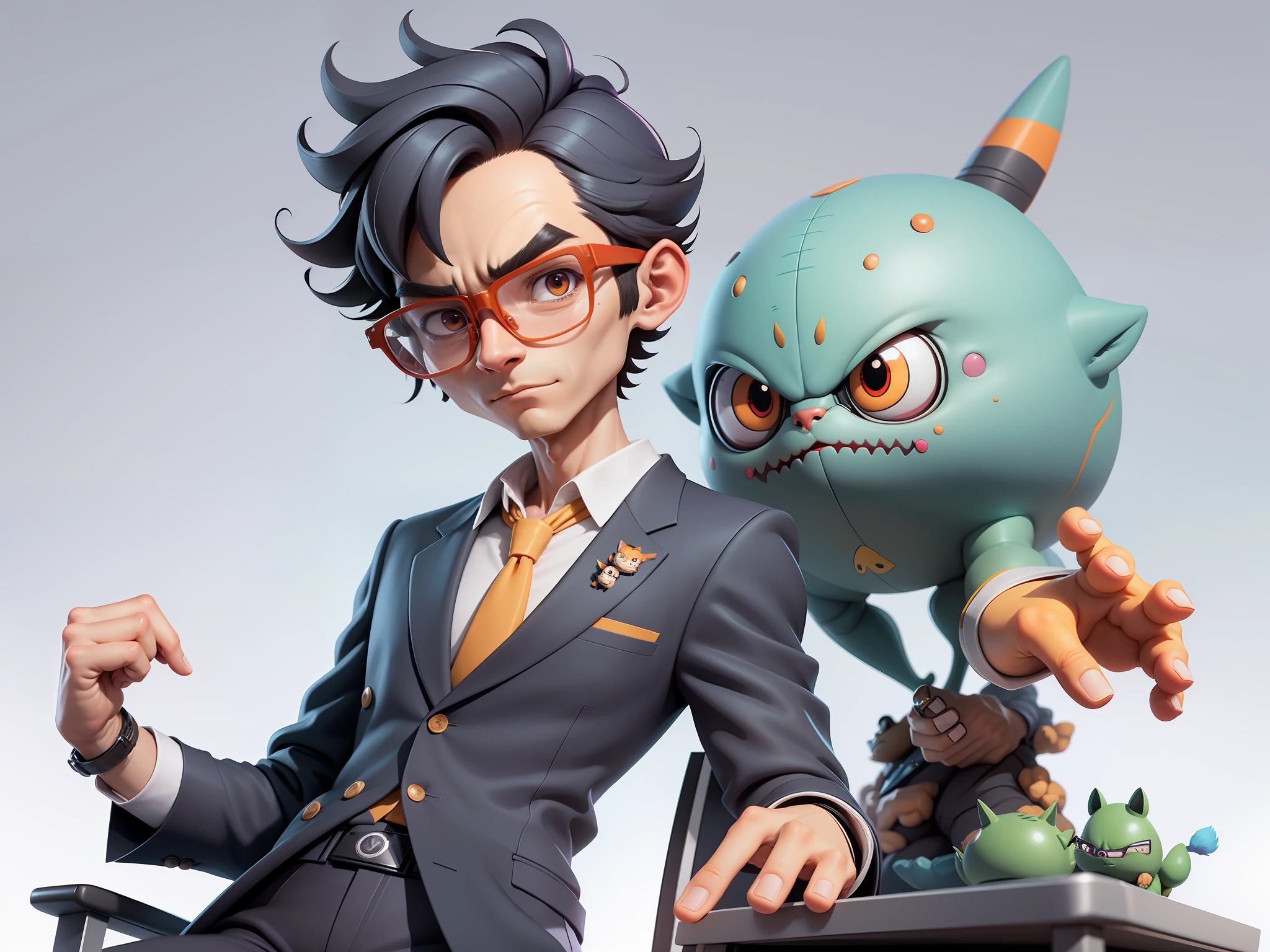 Young man with oriental face in leather hat, dragon, formal suit, short black hair, silver glasses, digital painting, 3D character design by Mark Clairedon and Pixar and Hayao Miyazaki and Akira Toriyama, the illustration is a high-definition illustration in 4K resolution with very detailed facial features and cartoon-style visuals.