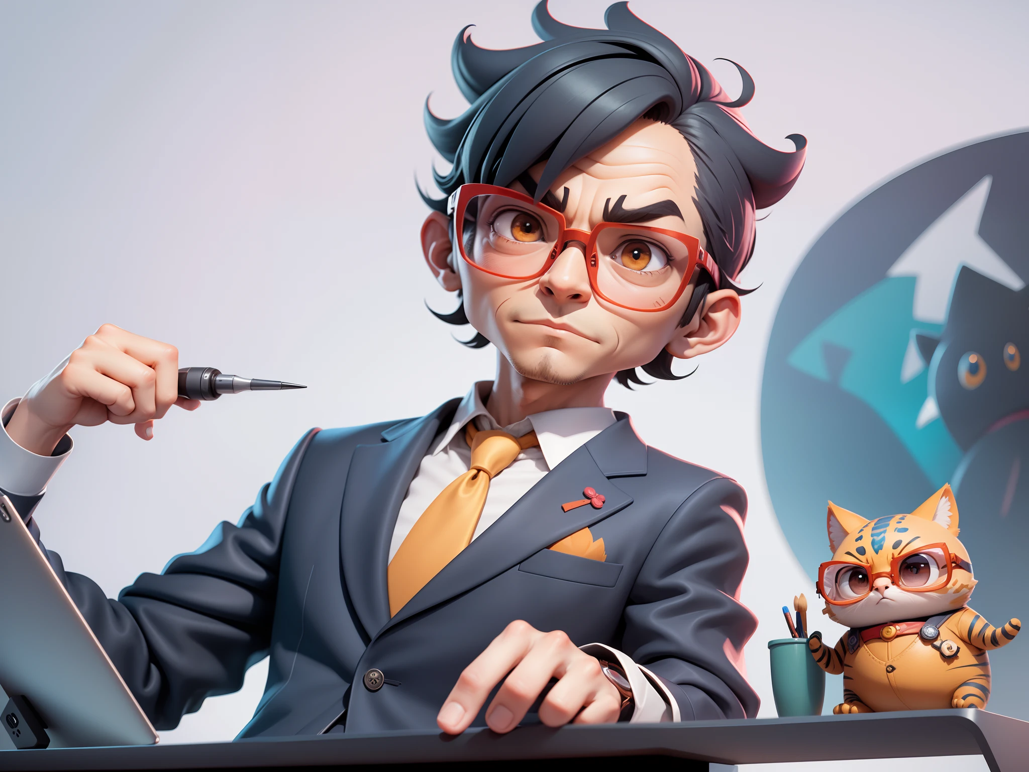 A young man in a suit, Short hair and glasses sat at his desk,holding laptop,digitial painting,tigre,3D character design by Mark Clairen and Pixar and Hayao Miyazaki and Akira Toriyama,4K HD illustration,Very detailed facial features and cartoon-style visuals。