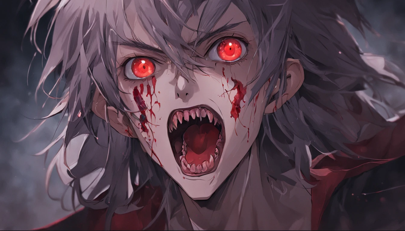 Handsome vampire ager,closeup cleavage,head portrait,Open your mouth,the bats,long canine teeth,There is blood on the teeth,long whitr hair,(blood stains at the corners of the mouth:1.4),Blood,depth of fields,dynamic blur,high light,Real light,Ray traching,oc rendered,Hyper-realistic,best qualtiy,8K,Works of masters,super-fine,Detailed pubic hair,Correct anatomy,sharp focus on eyes,Bokeh,Facial features are carefully depicted