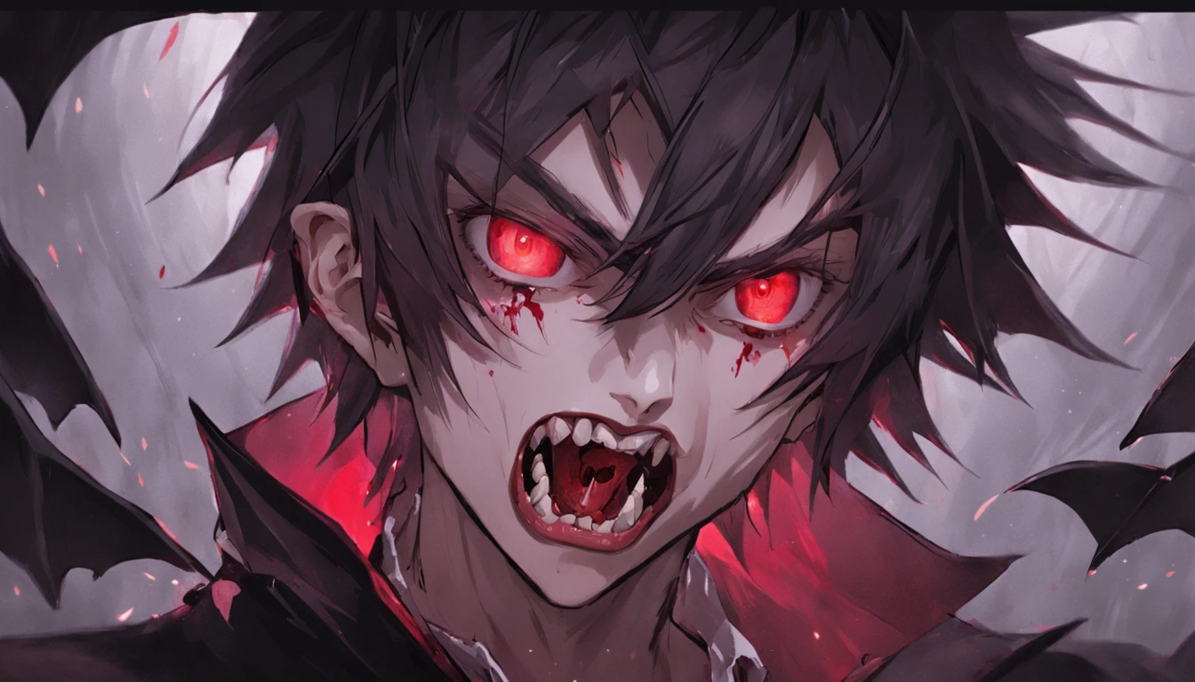 Handsome vampire teenager,closeup cleavage,head portrait,Open your mouth,the bats,long canine teeth,There is blood on the teeth,long whitr hair,(blood stains at the corners of the mouth:1.4),Blood,depth of fields,dynamic blur,high light,Real light,Ray traching,oc rendered,Hyper-realistic,best qualtiy,8K,Works of masters,super-fine,Detailed pubic hair,Correct anatomy,sharp focus on eyes,Bokeh,Facial features are carefully depicted