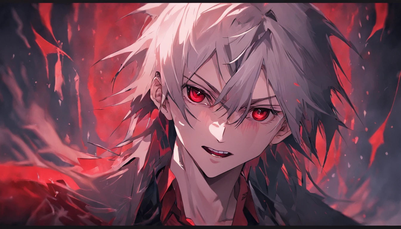 Handsome vampire ager,closeup cleavage,head portrait,Open your mouth,the bats,long canine teeth,There is blood on the teeth,long whitr hair,(blood stains at the corners of the mouth:1.4),Blood,depth of fields,dynamic blur,high light,Real light,Ray traching,oc rendered,Hyper-realistic,best qualtiy,8K,Works of masters,super-fine,Detailed pubic hair,Correct anatomy,sharp focus on eyes,Bokeh,Facial features are carefully depicted