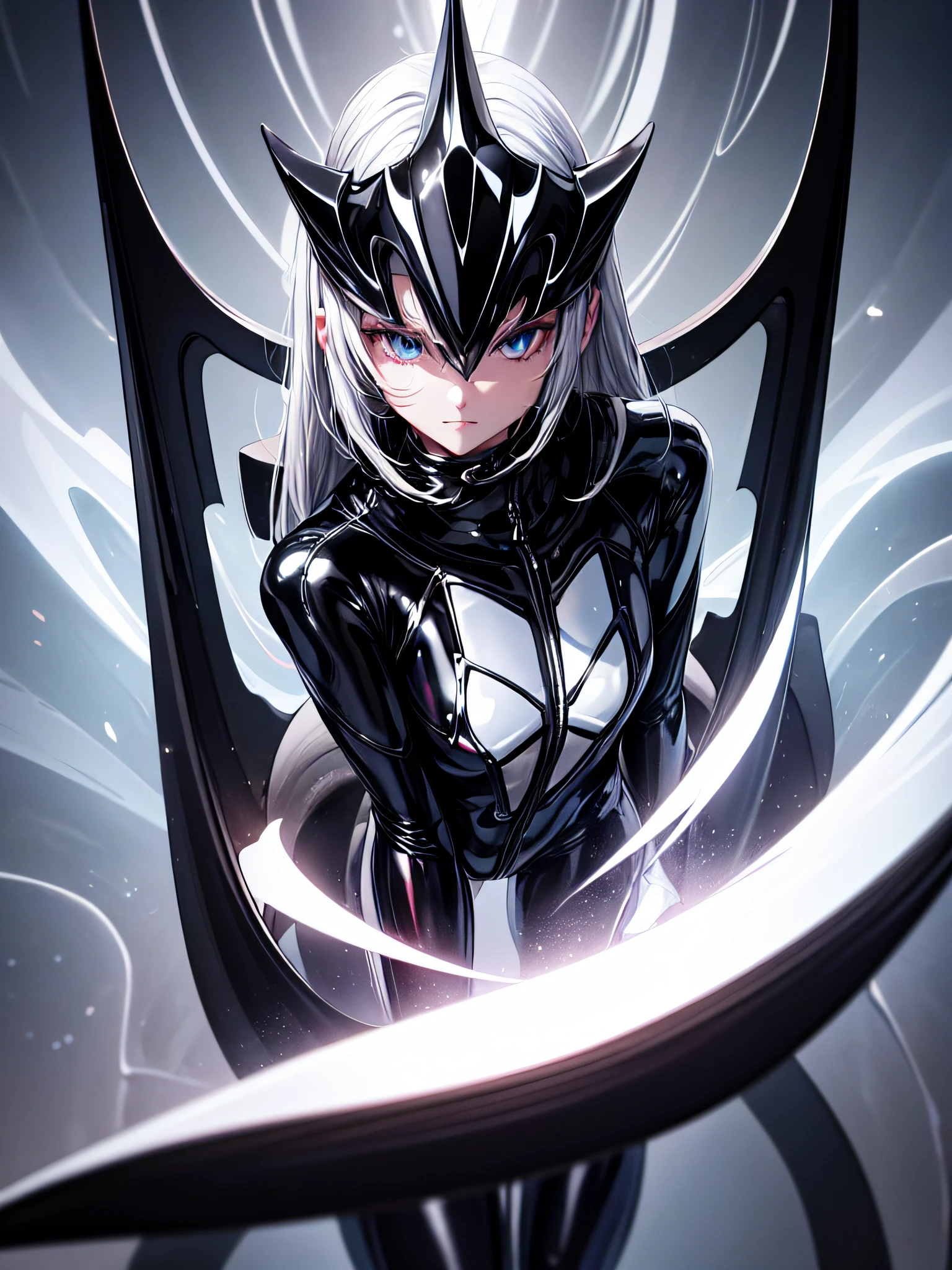 5 8K UHD、Silver-haired and small-nosed beauty in black shiny black full-body rider suit wearing black full-face helmet standing with legs open facing the front、Wearing a shiny black latex slider suit with hidden skin、Shiny black latex slider suit