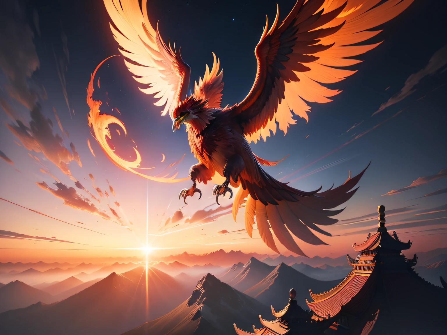 tmasterpiece,A high resolution,8K,CG animation,The image of a phoenix in Chinese mythology,flying through the air