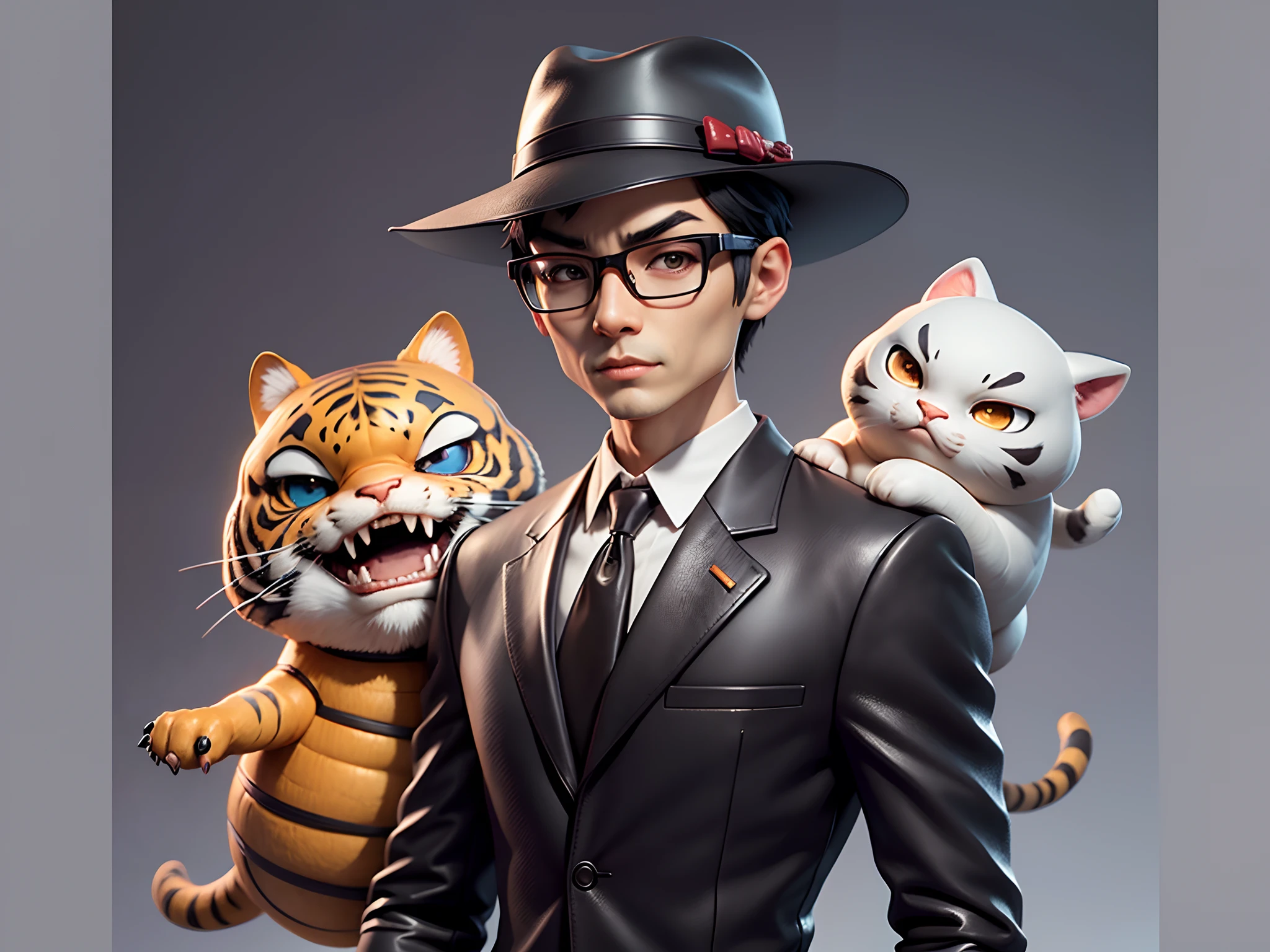 Young man with oriental face in leather hat, tiger, oriental face in formal suit, short black hair, silver glasses, digital painting, 3D character design by Mark Clairedon and Pixar and Hayao Miyazaki and Akira Toriyama, the illustration is a high-definition illustration in 4K resolution with very detailed facial features and cartoon-style visuals.