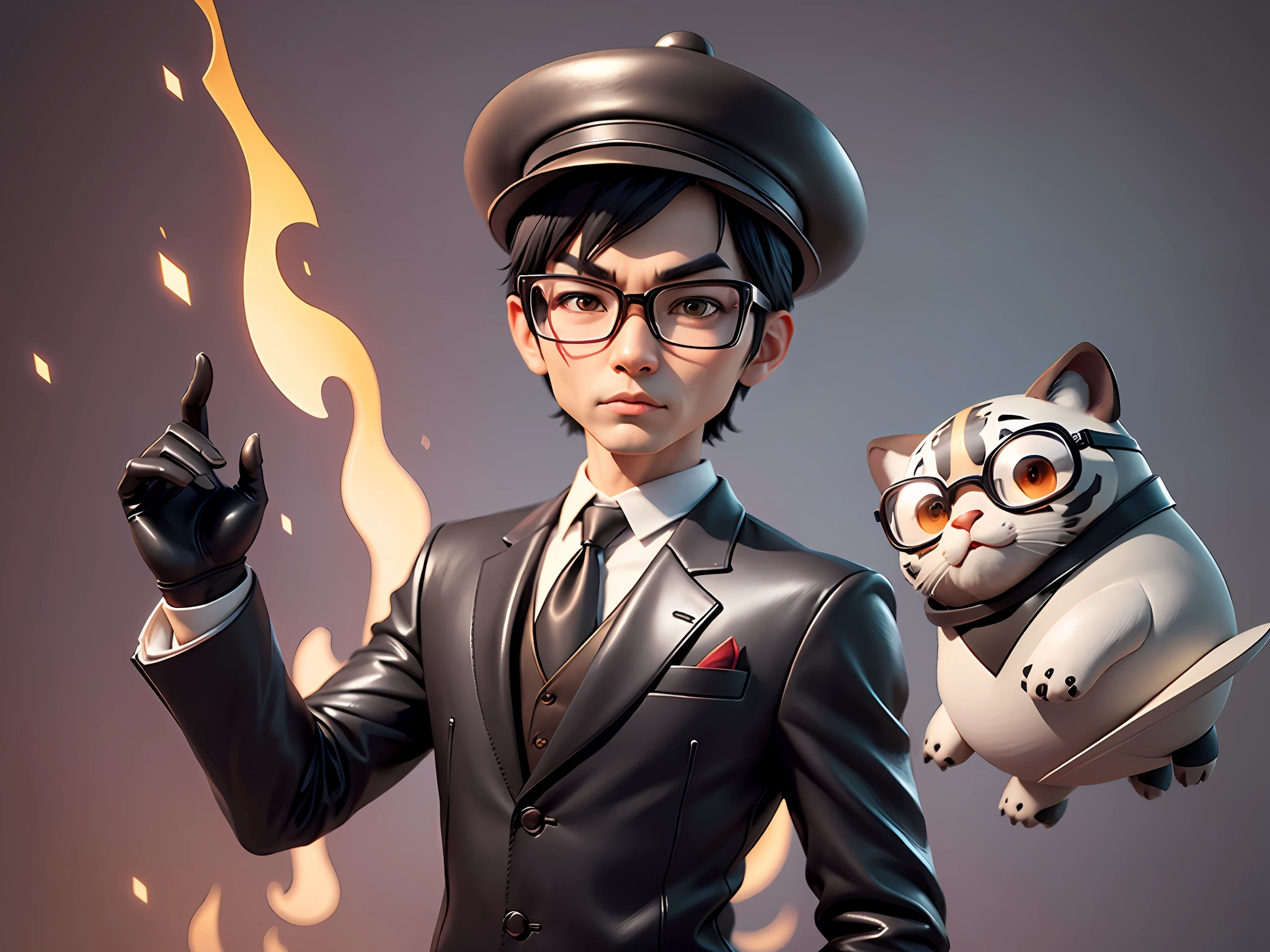 Young man with oriental face in leather hat, tiger, oriental face in formal suit, short black hair, silver glasses, digital painting, 3D character design by Mark Clairedon and Pixar and Hayao Miyazaki and Akira Toriyama, the illustration is a high-definition illustration in 4K resolution with very detailed facial features and cartoon-style visuals.