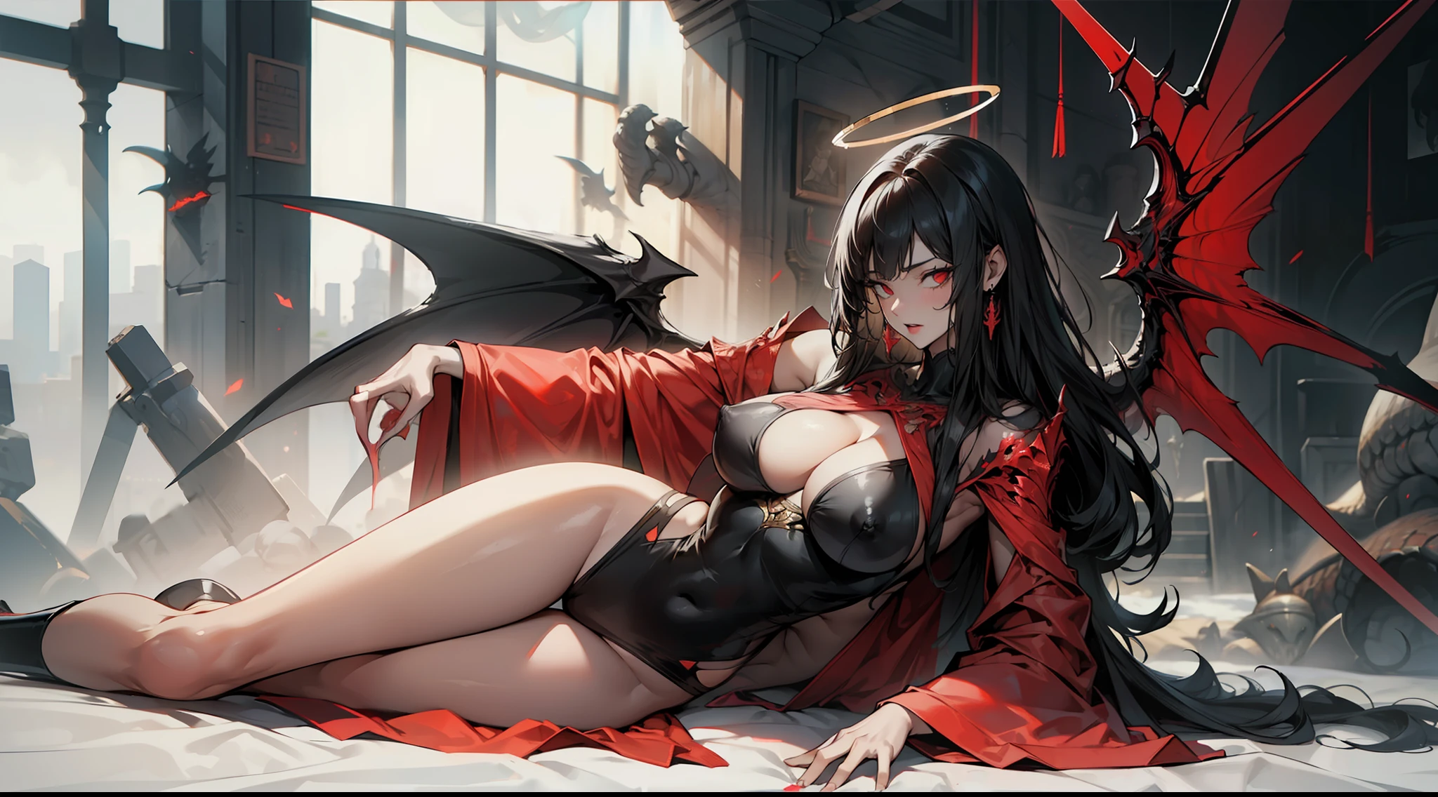 Anime girl with red wings and a black dress laying on a bed - SeaArt AI