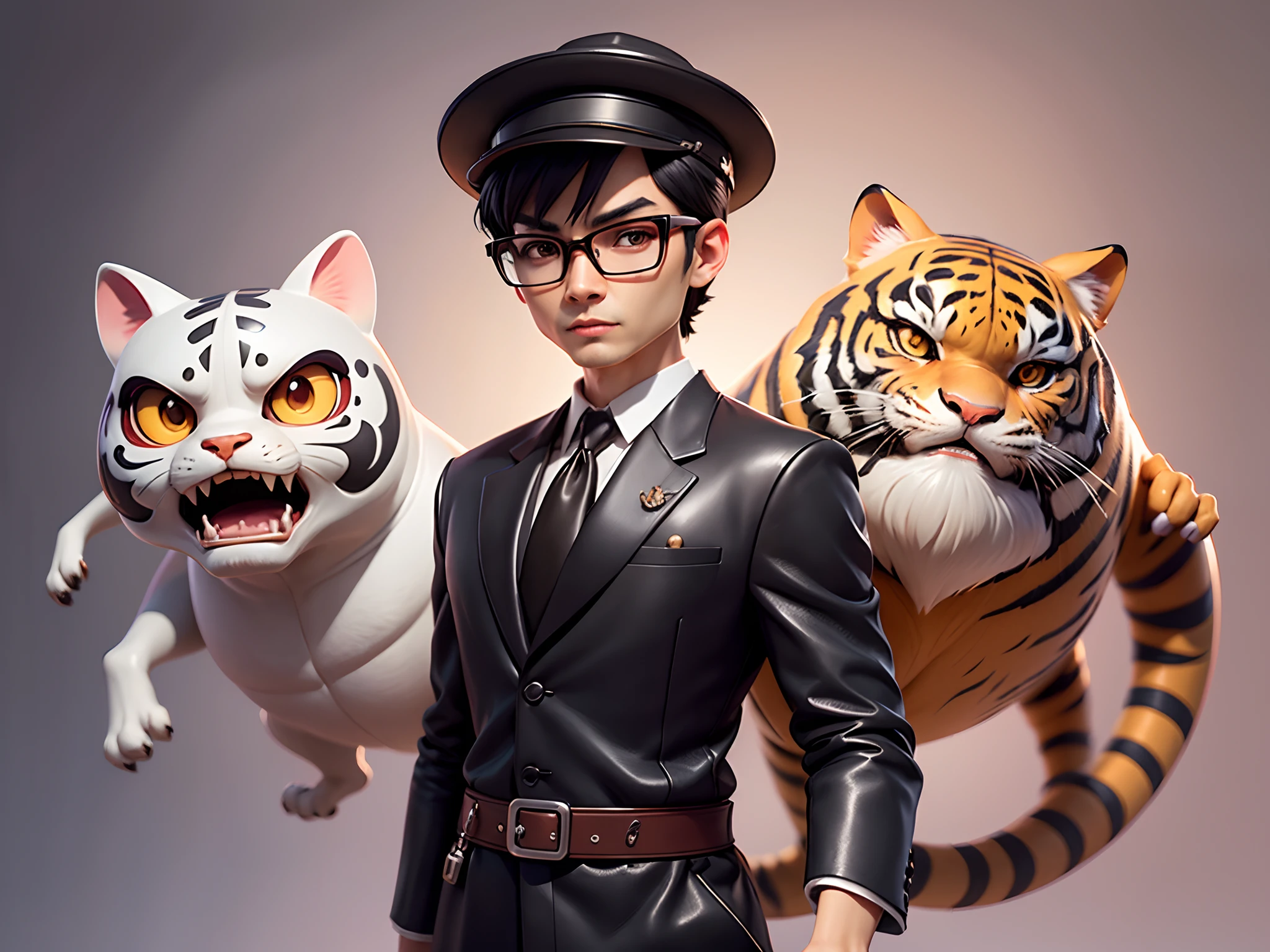 Young man with oriental face in leather hat, tiger, oriental face in formal suit, short black hair, silver glasses, digital painting, 3D character design by Mark Clairedon and Pixar and Hayao Miyazaki and Akira Toriyama, the illustration is a high-definition illustration in 4K resolution with very detailed facial features and cartoon-style visuals.