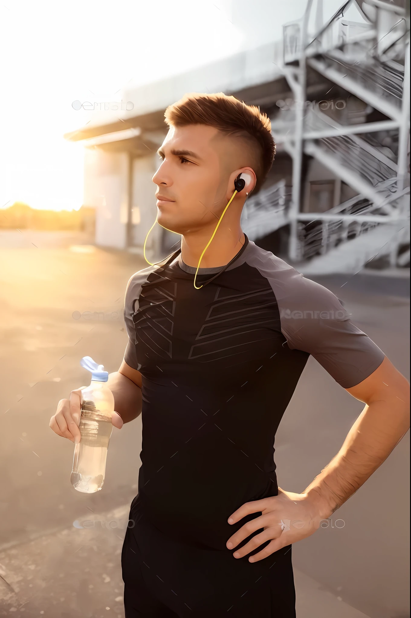 A man in a black shirt and headphones is on the street with a bottle of water, usando equipamento de fitness, Shutterstock, ele tem fones de ouvido, potrait de corpo inteiro segurando garrafa, Jovem com short, roupas esportivas, com fones de ouvido, Usando fones de ouvido, usando fones de ouvido pretos, athletic man in his 30s, com fones de ouvido, roupas esportivas, fones de ouvido