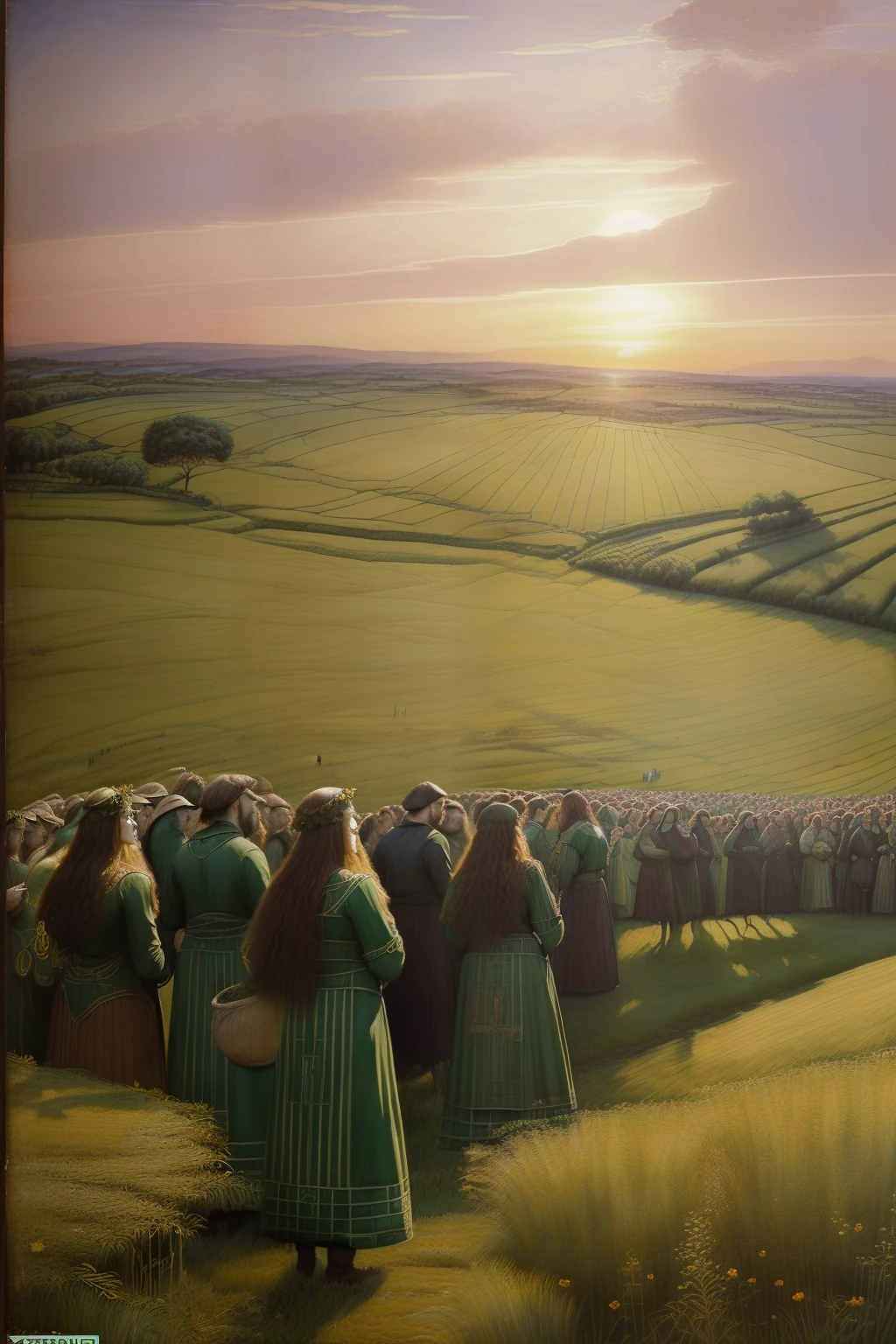 (((Celtic Pre-Raphaelite painting of the crowd and crowds working on the field, colheita de trigo, muitas pessoas, Camponeses celtas, Sunset, Campo de trigo, colheita, Campo de trigo)))