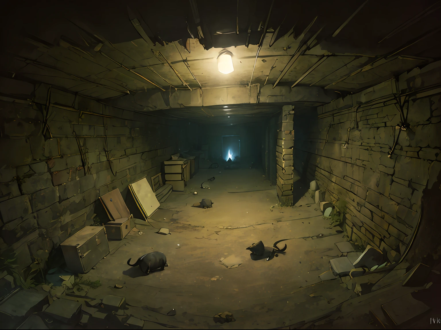 (low angles:1.2),Wide-angle landscape,Basement in a large basement,Dark,Large basement,No humans,no Animal,(Evil:1.3),Large dark room,darkness,caves