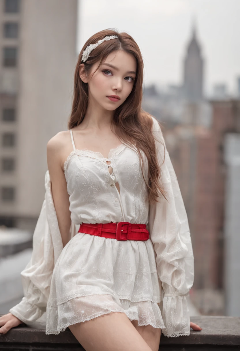 A girl,Wearing a white Spider-Man skirt,Stand on the rooftop of the city,exquisite facial features,A seductive pose,