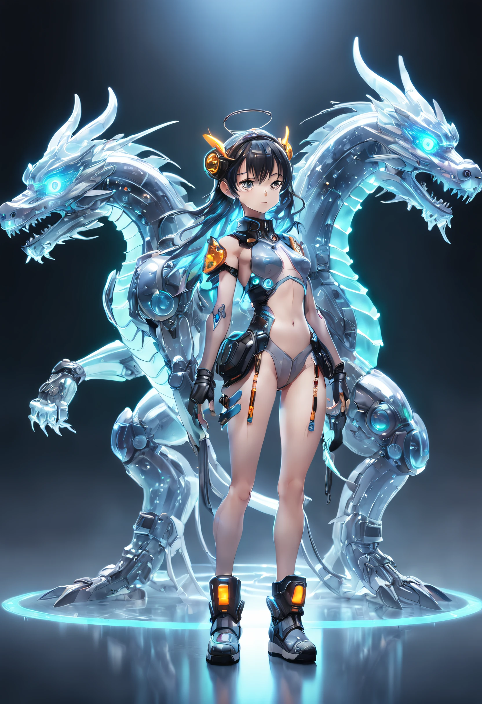 chinesedragon, (Blind box toy style:1.2), (Full body shot) , 1 Transparent girl,Behind him is a transparent Chinese dragon, Transparent mech, Exquisite helmet:1.2, Luminous goggles:1.2, Cyberpunk, dreamy glow, luminous neon lights, Clean, White background, ( Global illumination, Ray traching, hdr, unreal render,reasonable design, high detal, Masterpiece, Best quality, hyper HD, Cinematic lighting)