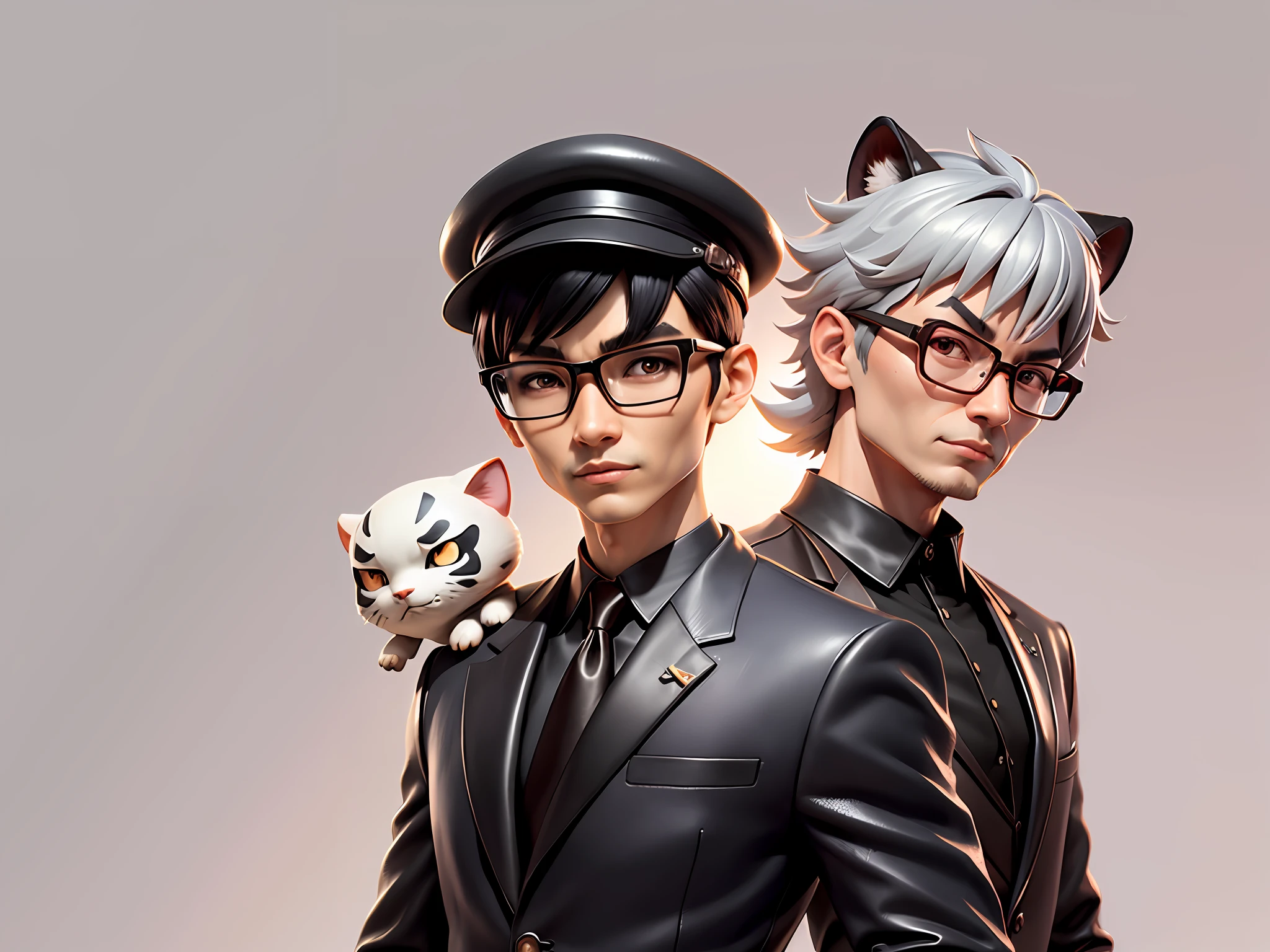 Young man with oriental face in leather hat, tiger, oriental face in formal suit, short black hair, silver glasses, digital painting, 3D character design by Mark Clairedon and Pixar and Hayao Miyazaki and Akira Toriyama, the illustration is a high-definition illustration in 4K resolution with very detailed facial features and cartoon-style visuals.