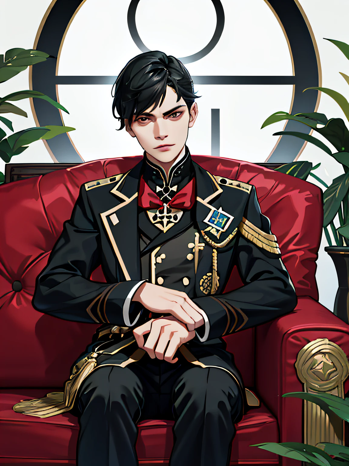 (mais alta res, distinct_image), Dishonored 2, Extreme, Masterpiece, alto detalhe, semi-realista, cabelo preto longo, solo, 18 anos, jovem, alto e forte, uniforme vermelho e branco, Slacks, botas militares planas, uniforme militar, escola militar, confiante, graves, frio, orgulhoso, estudo, sofa, sitting on couch, folded arms, misterioso, desdenhoso, frio