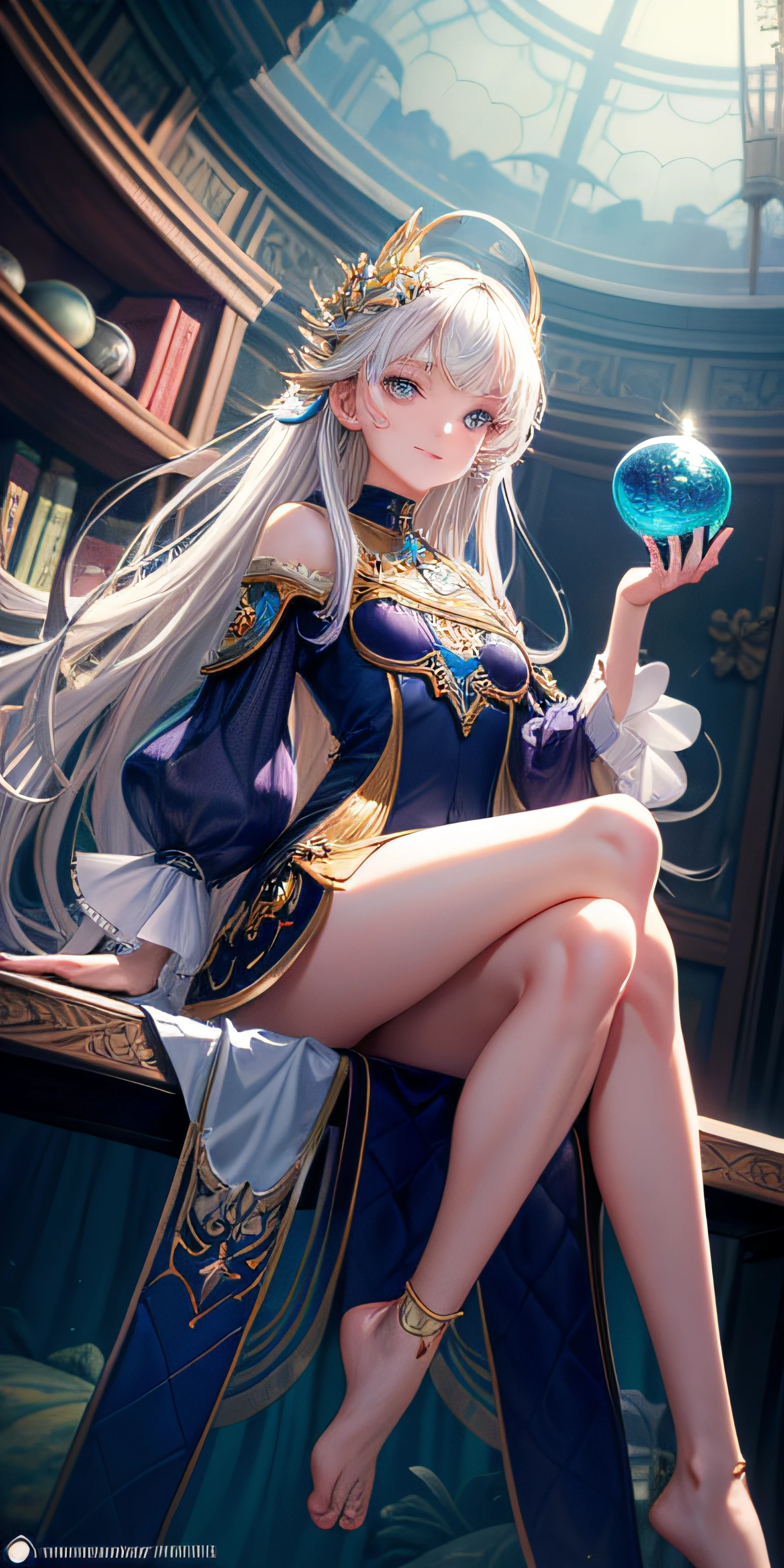 [(Transparent background:1.5)::5],(((Masterpiece))),(((Best quality))),(((Extremely detailed))),illustration, 1girll,Solo,mysterious,vivd colour,Shiny, Underwater transparent sealed hemispherical glass dome, (White hair),(Purple eyes), full bodyesbian,Barefoot,Long hair tranquility nature, Koi,Underwater, Dome,Close up,Dynamic actions,Lens perspective,(((Box composition))),sitting cross-legged，Leaning against the bookshelf, voluminetric lighting, multi colored eyes, Detailed eyes, ultra - detailed,Light smile, Highly detailed, Beautiful, small detailed, Ultra detailed, Best quality, Intricate, 4K, 8K, trending on artstationh, Good anatomy, Beautiful lighting, Award-winning,