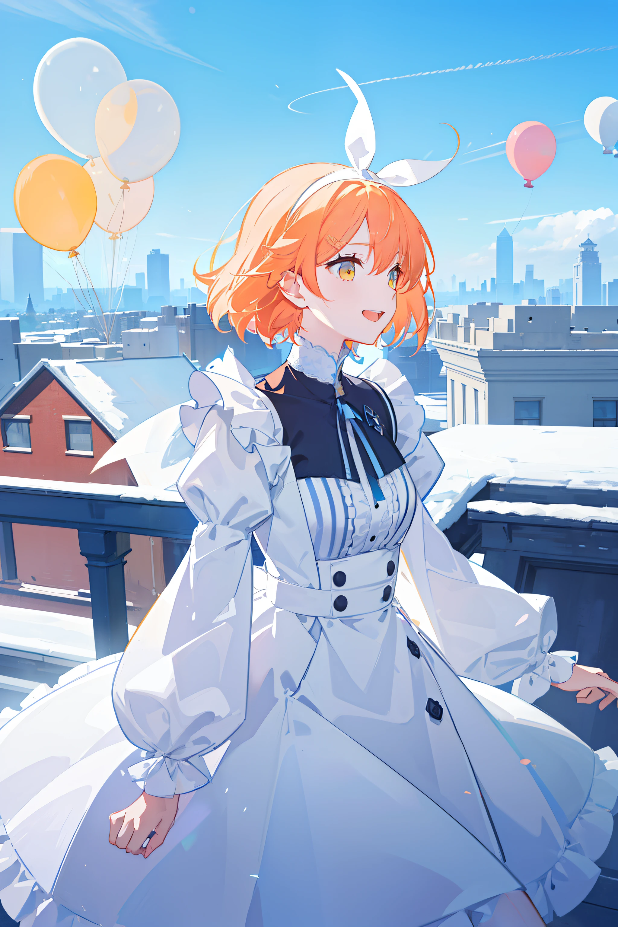 masterpiece, best quality, 1girl, solo, orange hair, short hair, shoulder-length hair, straight hair, orange eyes, round eyes,, ((blue apron dress)), ((long sleeves)), knee-length dress, frills, (((white ribbon hair band))), On the roof of a building, leaning against the fence on the roof, overlooking the road, as close as it might fall in the noon, blue sky, clear sky, many balloons, orange balloons, laughing