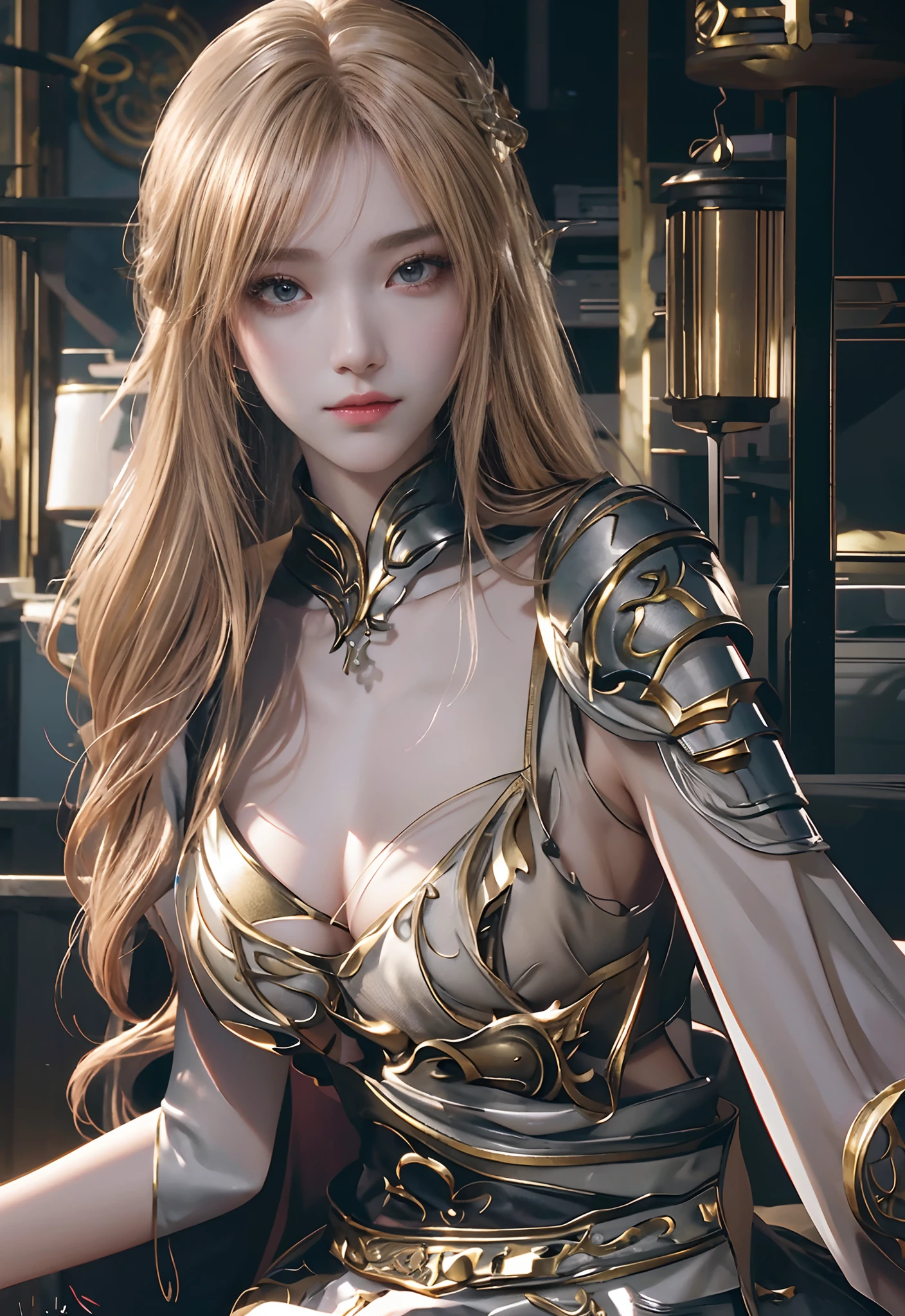 Slender figure，Small melon seed face，cabellos largos dorados，Long hair draped over shoulders，A woman in clothes，Pale gold armor，Breathtakingly beautiful body，High hip chest，The waist is slender，Enchanting，Pink and tender pearl lips, Delicate chin，a beautiful fantasy empress，high high quality，textured face，k hd，Indifferent eyes，long whitr hair，beautiful and seductive anime woman，A beautiful fantasy queen，inspired by Du Qiong，（（beautiful fantasy empress）），seductive anime girls，Beautiful anime woman，beautiful avatar picture，mai shiranui，Lady in dark gold armor，（underdressing：1.2），photograph realistic， realisticlying， Dark Studio， edge lit， twotonelighting， （highdetailskin：1.2）， 8K, Ultra HD， digital SLR camera， gentle illumination， high high quality， Volumetriclighting， Frankness， photore， A high resolution， 4K， 8K， Bokeh， breasts out，， （Golden eye color）， （Transparent armor：1.5），，，Cheng Weipan Art Station，Xiuxian sense of technology，Ice Beauty，Gauze sleeves，detailed fantasy art，Stunning character art，Epic and refined character art，Beautiful armor，Extremely detailed artistic germination，Detailed digital anime art, Artgerm on the art station Pixiv，Armor Girl，Exquisite headwear and jewelry 8k，Bigchest，Park Road，Long legs，