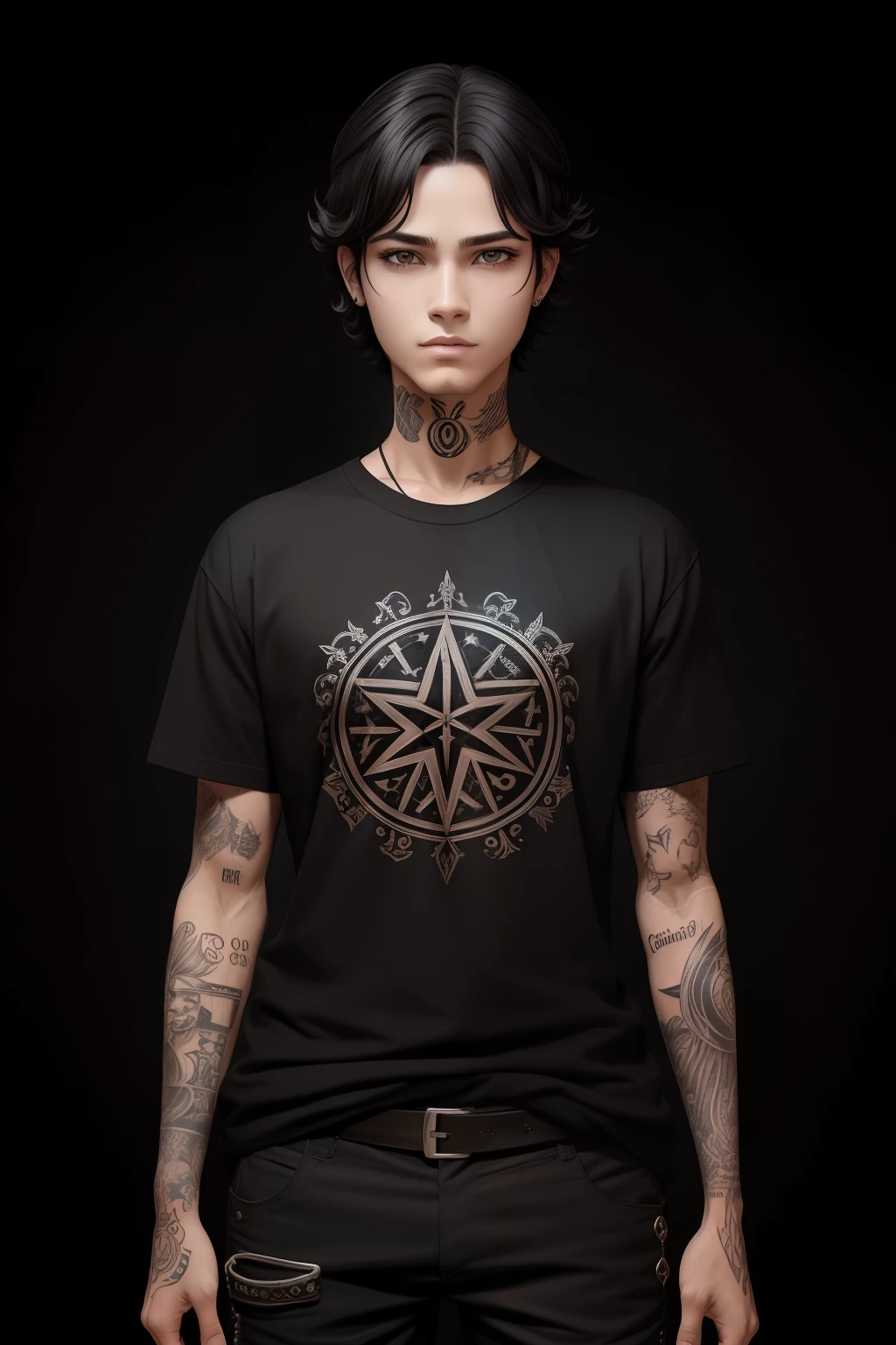 Realistic image of a non-binary person, Sexo fluido, sem barba, low water, pele clara, cabelo liso, medium-length black hair, cabelo raspado na lateral, olhos pretos, camiseta de banda grande, black military pants, All Star Preto, tattoos occult symbols, tatuagem no rosto, friendly expression