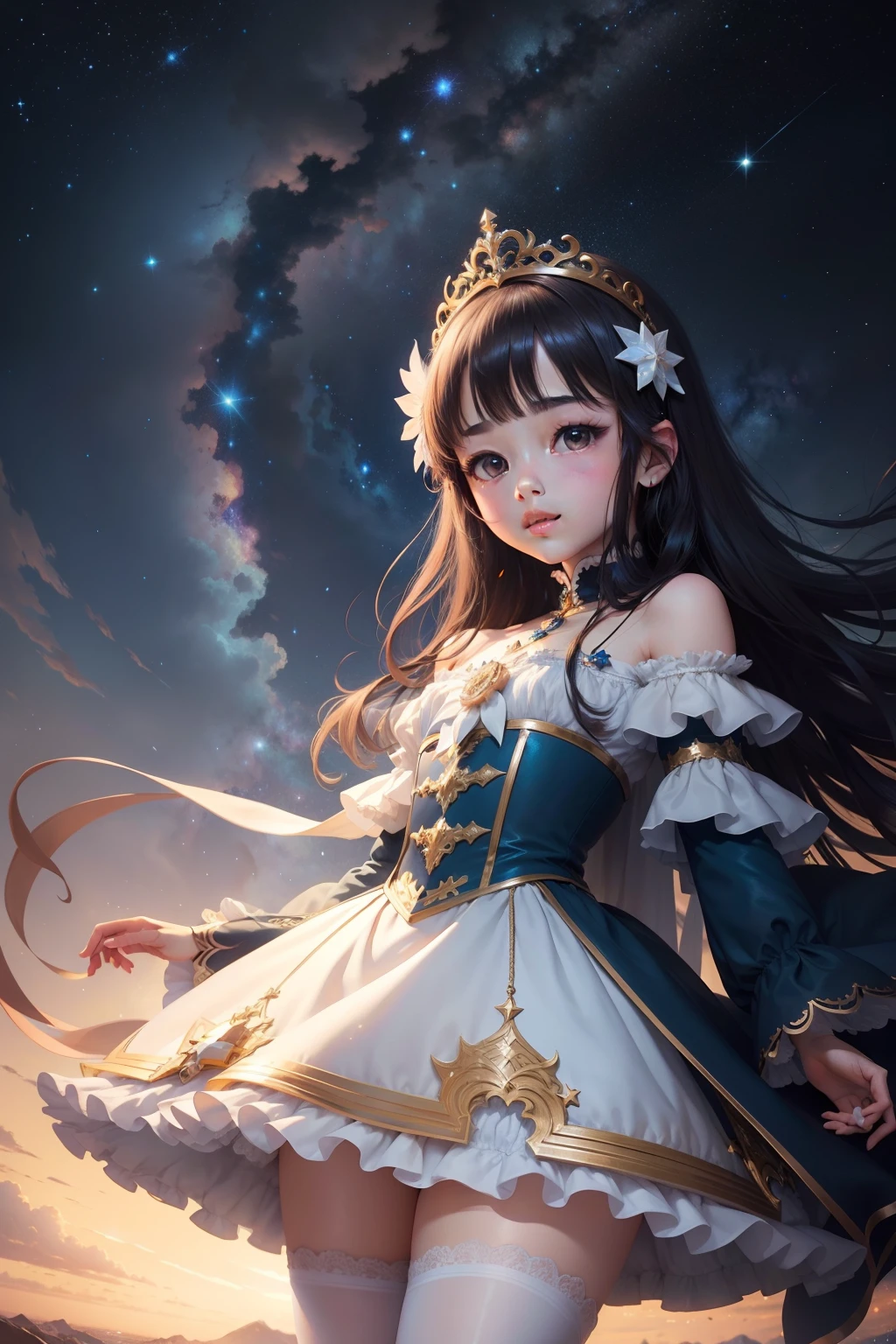 Beautiful artistic conception，Fantastic starry sky，Super delicate，Cute little princess，Moe。hyper HD，