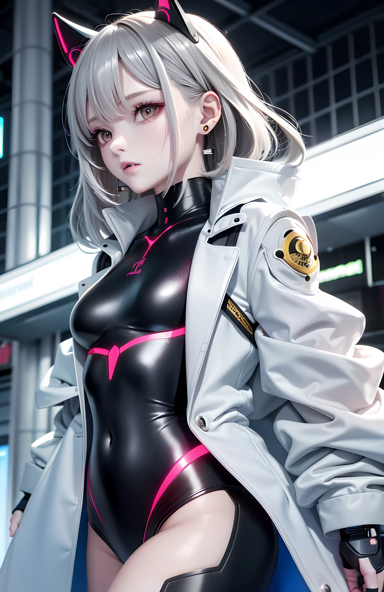 optimum,tmasterpiece,A high resolution,best qualtiy,hyper HD,super detailing,Award-Awarded,16k,独奏,(The upper part of the body),anatomy correct,Beautiful cyberpunk girl,cute face,,Gradient Beige Hair,Hairline,((Scarlet eyes)),long eyelasher,Hanging eye corners,White skin of the,(small boobs),(Slim body),((Uniform coat)),((tutu)),ear studs,(neck rings),(Laser material clothing:1.2)
