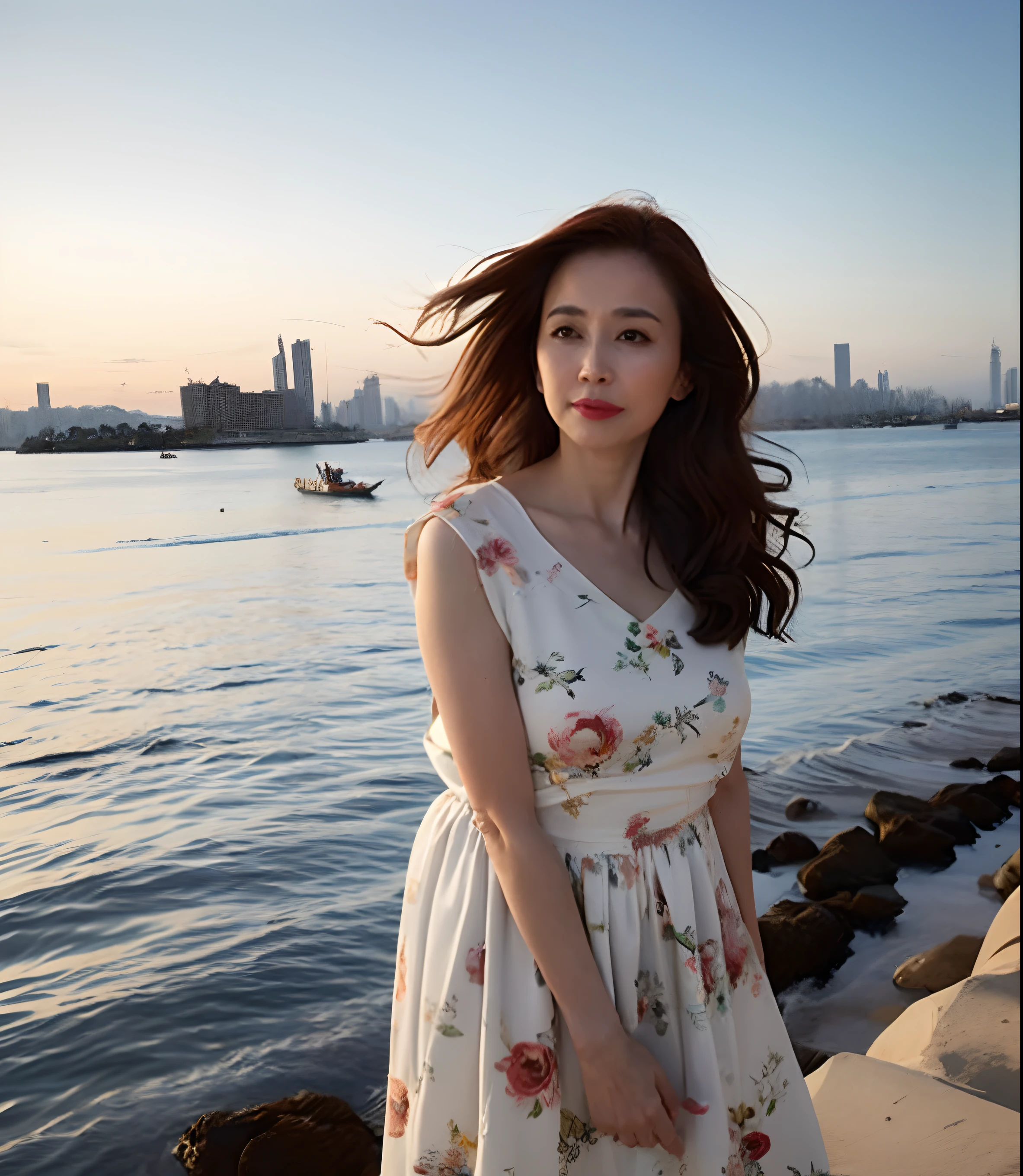 ((best qualtiy,8K,tmasterpiece:1.3)), realisticlying, Sharp focus, high qulity, A high resolution, 中景 the scene is,Side Body,Smooth face, 独奏, Yellow people, middle aged women, Beautuful Women,35yo, plumw, Wavy curly hair, Sunset beach,White floral dress,Hats,evening light