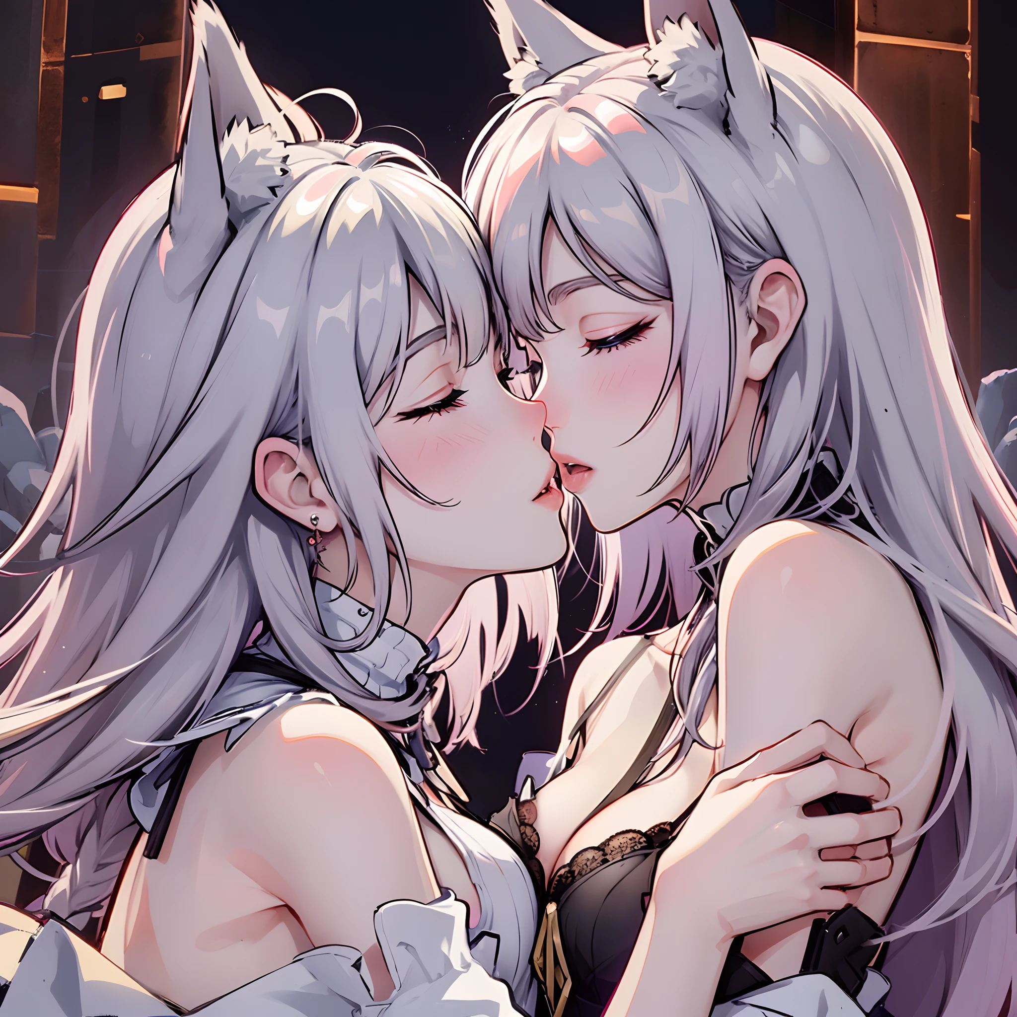 masterpiece、top-quality、Photo Realisticity、fox ear、beautiful a girl、twinsies、white hair、2 girls in、hyperdetailed face、hidden face、二重まぶた、shinny skin、(((incoming kiss,closed eyes)))、hug,kiss, saliva,profile、(((NSFW white see-through lingerie)))、nefw、No Underwear、gokkun
