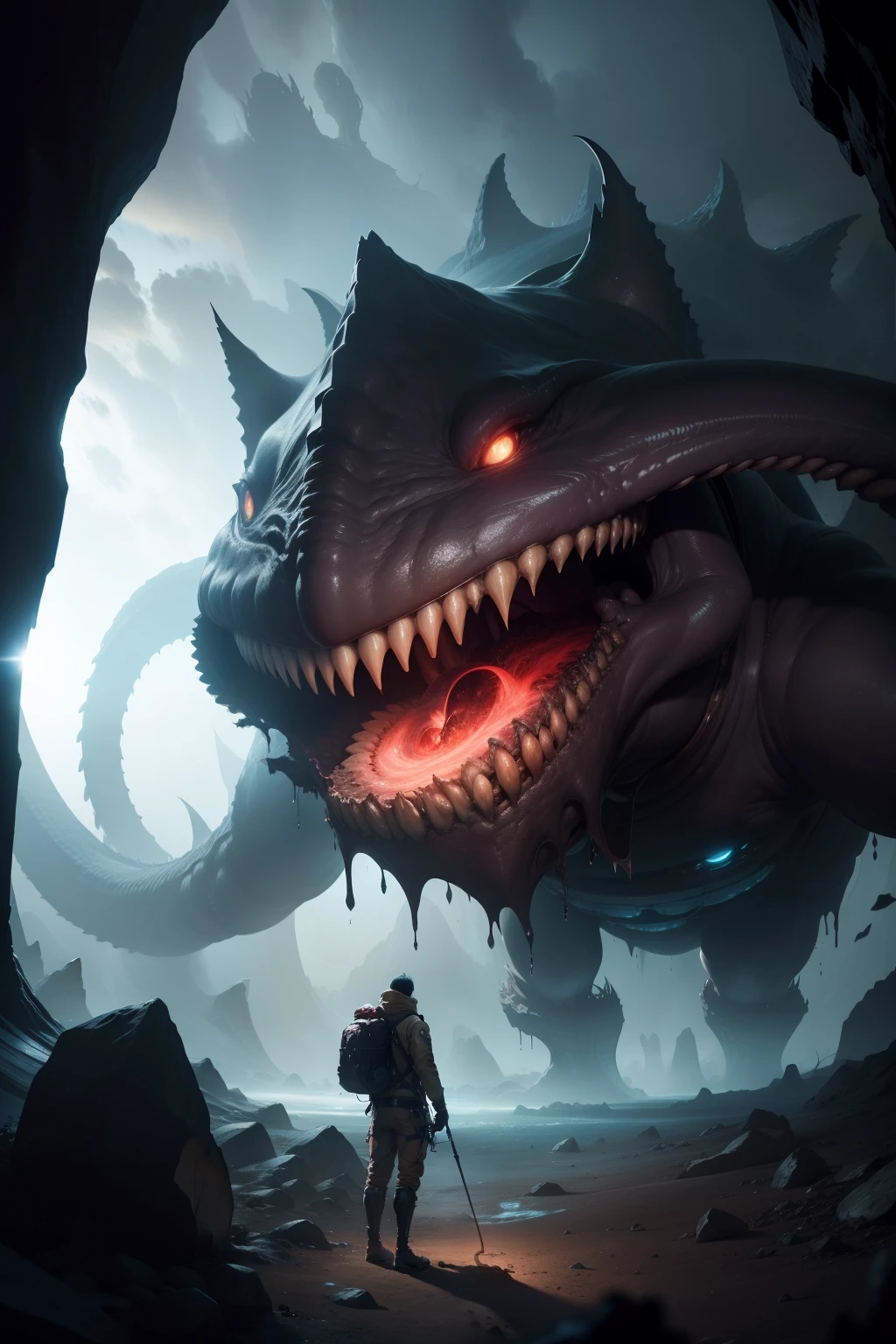 Zekrom.cool.(((Zekromの手.Zekromの腕.Selfie.View here.)))naked.Wild.Sharp teeth.Huge body.Physical Difference.Muscular.scales.chest.Close-up of face.Wide open mouth.Very close.In the mouth.tongue.saliva.throat.salivaが糸を引く.Very close.prey.Swallowed Whole.Close-up of face.Big yellow eyes.///(((First Person View.Five-fingered human hand.Human arm.Hands reaching to mouth.)))//nature.force.night.Starry Sky.ムードのあるdarkness.(((Very dark.darkness.)))(masterpiece.Highest quality.)