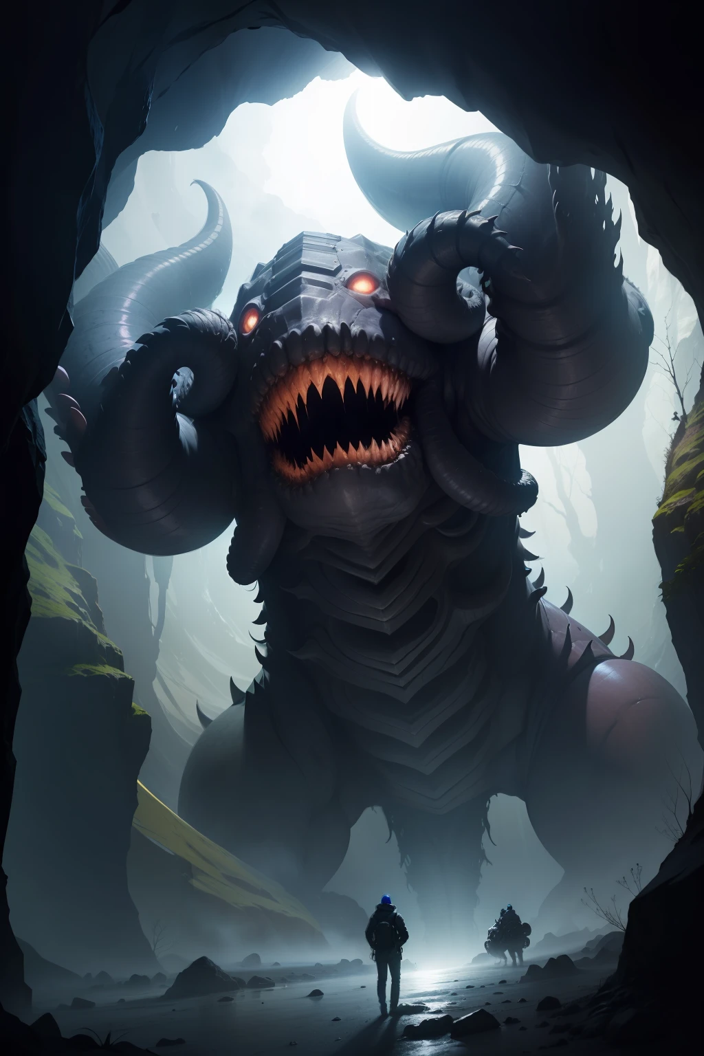 yellow and black, mystical monster, cosmic horror, monstrous creature, Lovecraft, with disgusting tentacles, surrounded by yellow fog, dark shadows, moss and blood, in the streets of a dark city, night