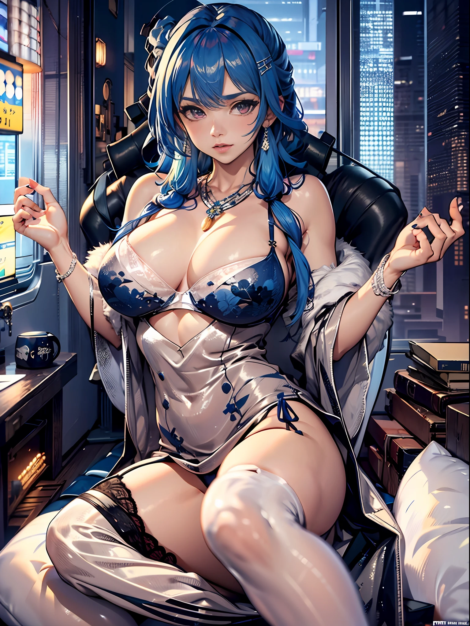 (Enrich the picture,Masterpiece level quality)Beautiful 8K CG artwork,Goddess-like posture,Sitting in the cabin of an airplane,Postural exercises,Slim and soft,Translucent skin,Blue hair、The beauty of extra-long hair, Super Long Straight Hair,The skin is fair and juicy,Big breasts lingerie miniskirt uniform,Perspective Part 1.2x enhanced silhouette effect,Exquisite transparent blues pattern in pajamas,The details are intricate and exquisite,The background is slightly blurred,Charming and lustful leg seduction,Drool,K cup big breasts,Blush,Japan goddess,Perfect body slim curves,Cabin scene,Lace panties can be seen,spread their legs,