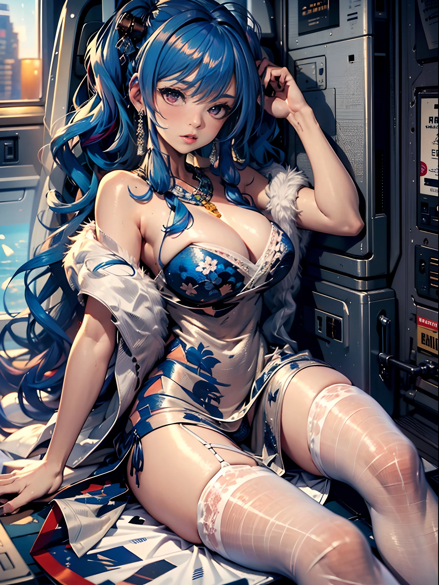 （Enrich the picture，Masterpiece level quality）Beautiful 8K CG artwork，Goddess-like posture，Sitting in the cabin of an airplane，Postural exercises，Slim and soft，Translucent skin，Blue hair、The beauty of extra-long hair, Super Long Straight Hair，The skin is fair and juicy，Big breasts lingerie miniskirt uniform，Perspective Part 1.2x enhanced silhouette effect，Exquisite transparent blues pattern in pajamas，The details are intricate and exquisite，The background is slightly blurred，Charming and lustful leg seduction，Drool，K cup big breasts，Blush，Japan goddess，Perfect body slim curves，Cabin scene，Lace panties can be seen，spread their legs，